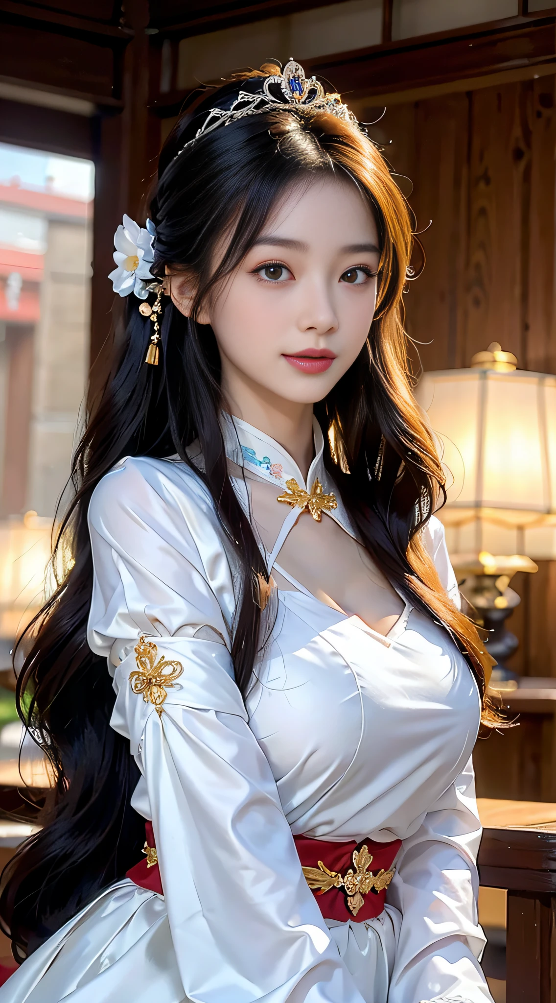 a big breast chinese girl, Cute face, cheerfulness, Long hair, Impressive hairstyle, wearing tiara,A pair of bright and reverent eyes,The eyebrows are slender and elegant,The slightly curved brow shape exudes confidence and charm。Her nose is small and three-dimensional,It matches the shape of her face perfectly。Her lips were rosy and plump,The corners of his slightly upturned mouth revealed a sweet smile, traditionalcostumes,The color of the costume is random,wearing jewellery, 黑The eye, Above Knees,(The breasts are large but not exposed:1.1),(A high resolution:1.3),random hair style, Ultra-fine face and eyes in random poses,Anatomically normal,realisticlying,exterior,strong rimlight,(highdetailskin:1.2),8K,hyper HD,high high quality,Background bokeh,(Hide your hands:1.3)(The hand is not in the shot:1.5)