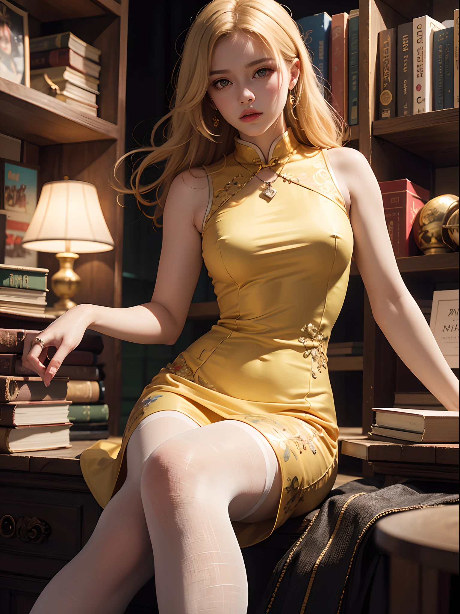 Unbeatable masterpiece, Ultra photo realsisim, Perfect artwork, Intricate details, Best quality, Strong light , High contrast, Dynamic pose, Dutch angle , 1girl , white skin , narrow waist , glamor ,golden eyes , sitting , cheongsam ,embarrassed , ring , pendant , pantyhose .bookstore , blonde hair , dreadlocks ,