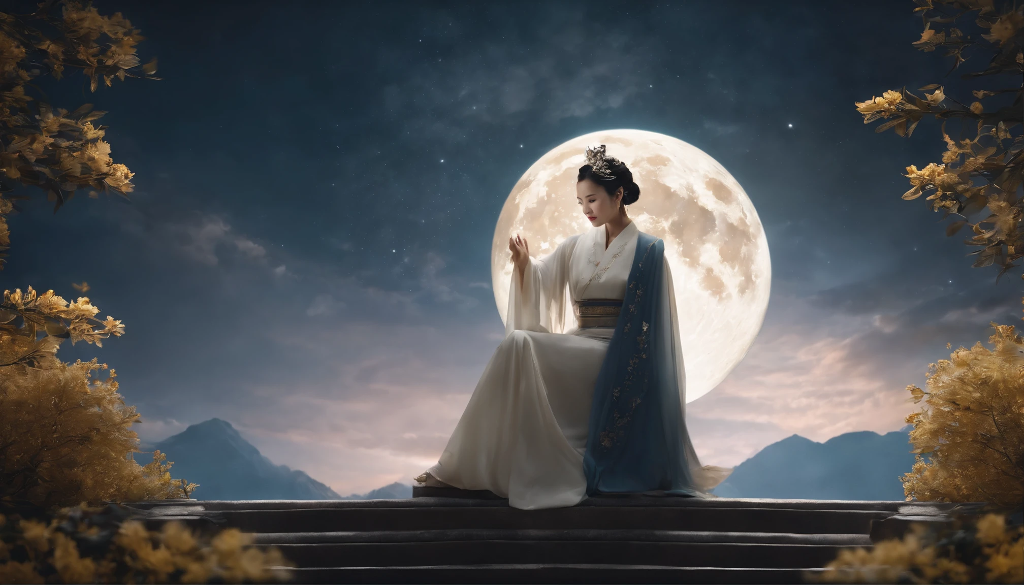 (Masterpiece, Best quality: 1.4), the night,moon full,Detailed background,Ancient Chinese beauty looking at the camera,Delicate headgear,ssmile,Streamers,Gauze clothes,Floating in mid-air,Elevation viewing angle,The Milky Way is brilliant,The full moon is empty,Osmanthus flowers flutter on osmanthus trees,White little white rabbit,Cinematic lighting effects