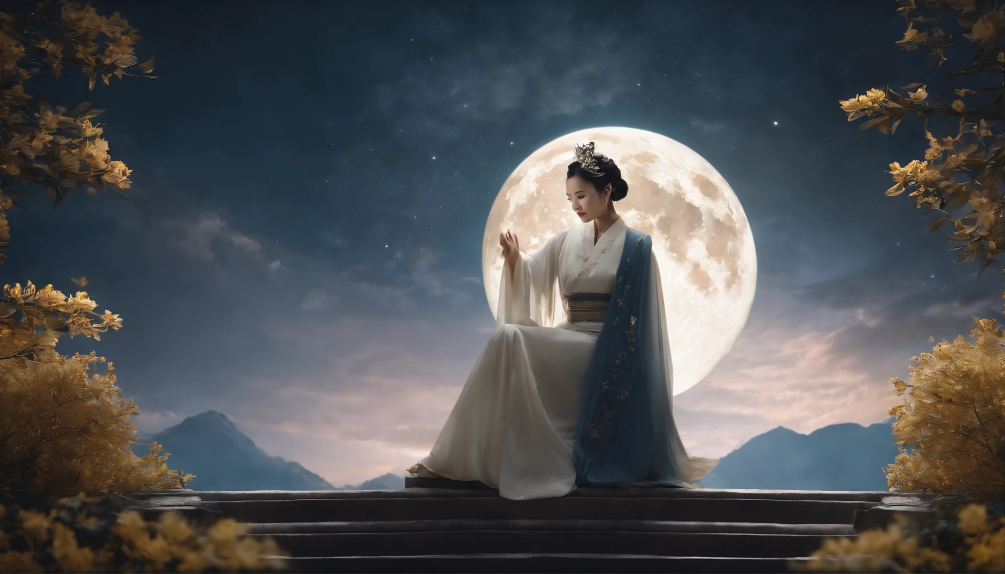 (Masterpiece, Best quality: 1.4), the night,moon full,Detailed background,Ancient Chinese beauty looking at the camera,Delicate headgear,ssmile,Streamers,Gauze clothes,Floating in mid-air,Elevation viewing angle,The Milky Way is brilliant,The full moon is empty,Osmanthus flowers flutter on osmanthus trees,White little white rabbit,Cinematic lighting effects