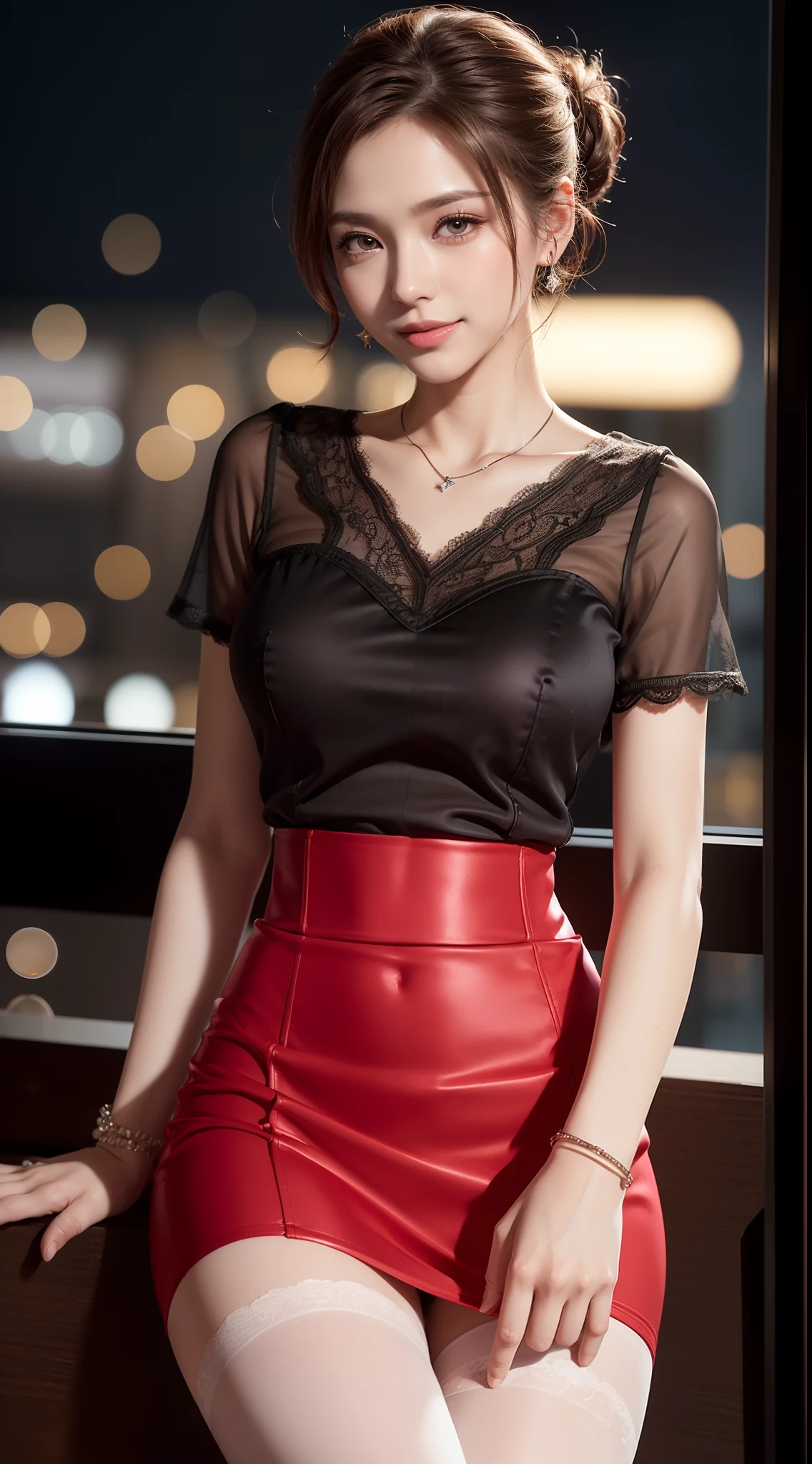 8k, masterpiece, RAW photo, best quality, photorealistic, extremely detailed CG unity 8k wallpaper, Depth of field, Cinematic Light, Lens Flare, Ray tracing, (extremely beautiful face, beautiful lips, beautiful eyes), intricate detail face, ((ultra detailed skin)) 1girl, in the dark, deep shadow, pretty Asian girl, idol, 1 girl, (very slim slender fit-muscled body:1.3), ((looking at viewer)),(big smile:1.3), (tight laced blouse), ((white color blouse)), (short sleeve) , (city night, dark night, (neon sign), (blurred background), dim lights, cityscape, rooftops, beautiful earrings, bracelets, necklace, pantyhose, clear eyes, (pale skin), (big eyes), face forward, ((upper body shot)), (silk red color skirt), (brown hairs),((laced skirt)), (looking at viewer:1.3), open breast, (very slim), medium breasts,((flooming laced)), updo hair, mini skirt, short hair, sit, high heels, laced stockings, full shot, coffee shop, coffee cup