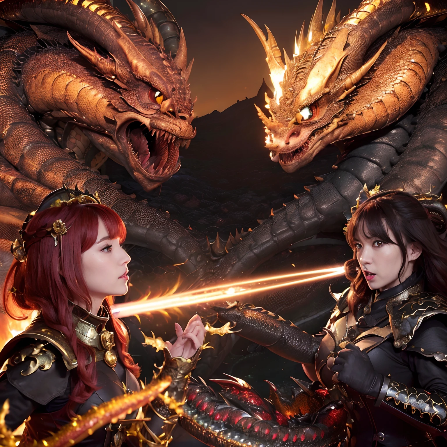 (The Ultimate Beauty Face), Professional , masterpiece、top-quality、photos realistic , depth of fields (Gemstone Black Metal Body:1.4),(Matte Black、(cleavage of the breast)、Dragon Gold Weapon,Mystical expression、Particles of light、((((Fight dragons)))、(Dragon Metal Body:1.4),Gorgeous Silver Weapons ,(( Dragon's dense and gorgeous sword)) , Beautiful knife ,warhammer 40k , adepta sororitas,Detail and gorgeous crown、((Red hair))、(Castle background)、、((Gangle's forest background))、Beautiful Caucasian beauty、1a person、dynamic ungle,(((Detailed and ornate Black Devil Crown)))、Smaller head、A smile、Castle background、Thin and beautiful female hands、cleavage of the breast、Soldier in iron armor on background、Mystical expression、Light Effects、intense fighting、Wind-effect、magic circles、With the legendary magic wand、(demonic wings)、