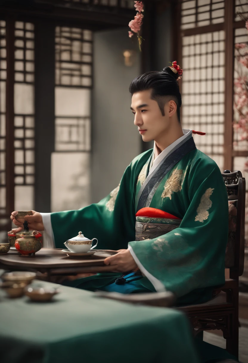 Youthful, man, Tea, Noble,sits at a table, Smiling, Hanfu