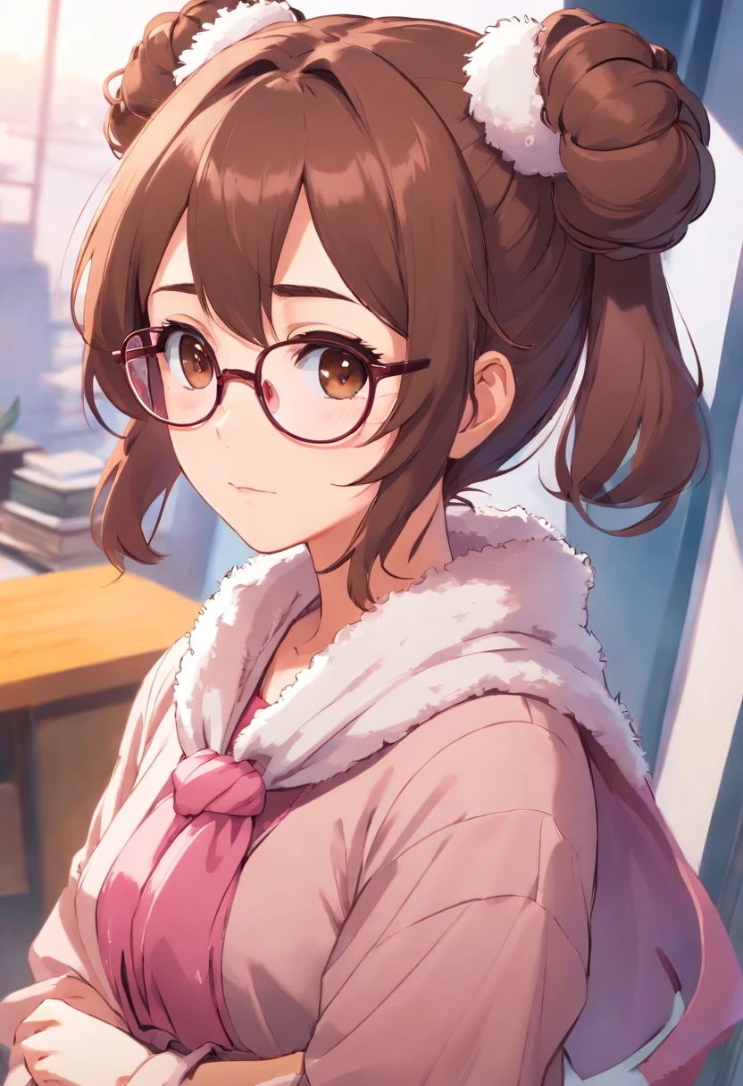 brown haired tied in a messy double buns, brown eyes and fair skin, pink short dress, white fluffy scarf, round framed thin glasses, pink hair clips, danganronpa themed, anime girl