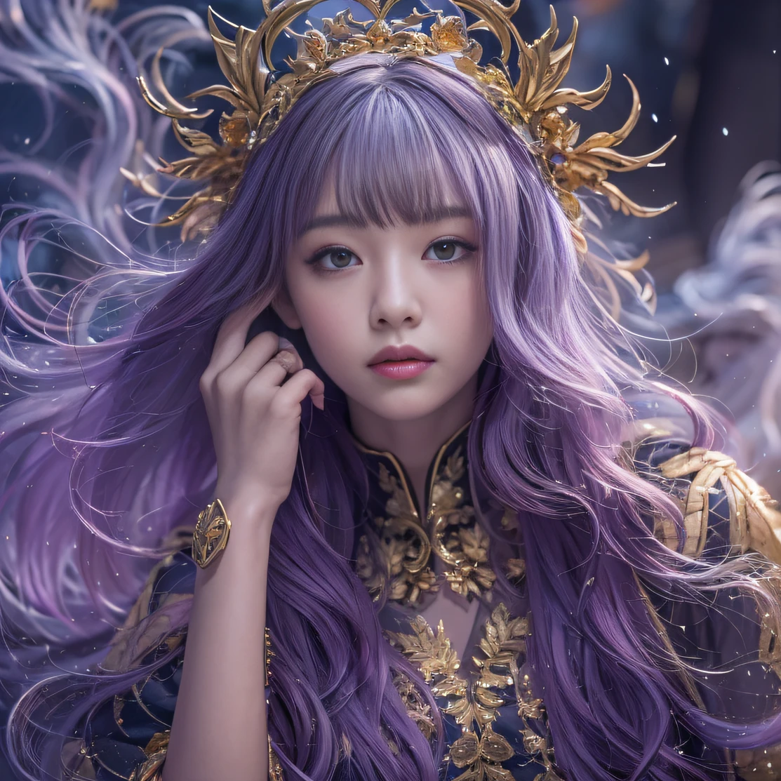 Genki Girl 32K（tmasterpiece，k hd，hyper HD，32K）Long flowing bright purple hair，Autumn Pond，zydink， a color，  Asian people （Genki girl）， （Silk scarf）， Combat posture， looking at the ground， long whitr hair， Floating bright purple， Fire cloud pattern gold tiara， Chinese long-sleeved gold silk garment， （Abstract metaverse splash：1.2）， white backgrounid，Lotus Vitality Protector（realisticlying：1.4），Bright purple hair，Smoke on the road，The background is pure， A high resolution， the detail， RAW photogr， Sharp Re， Nikon D850 Film Stock Photo by Jefferies Lee 4 Kodak Portra 400 Camera F1.6 shots, Rich colors, ultra-realistic vivid textures, Dramatic lighting, Unreal Engine Art Station Trend, cinestir 800，A girl with flowing bright purple long hair