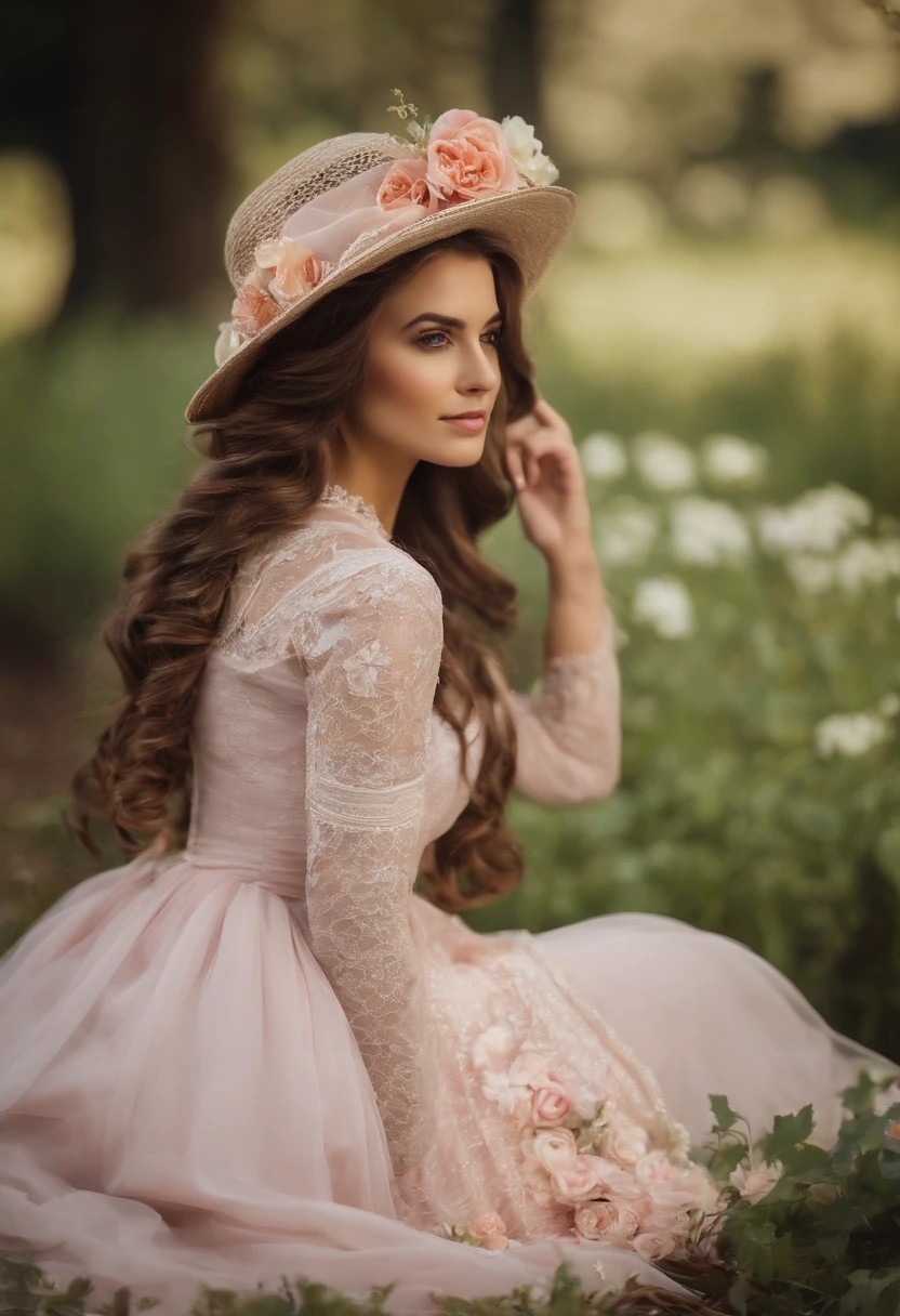 bonita jovem no estilo vitoriano, Victorian fashion is characterized by elegant design, Espartilhos, vestidos longos, cabelos delicados。Upstyling e curling, fitas e ornamentos florais ao cabelo.。 Soft girl facial features、Embelezamento、kawaii、hats、Colar de gargantilha、Luvas、Guarda-chuvas, vestido bonito, Floral, campestre, Pastel Colors