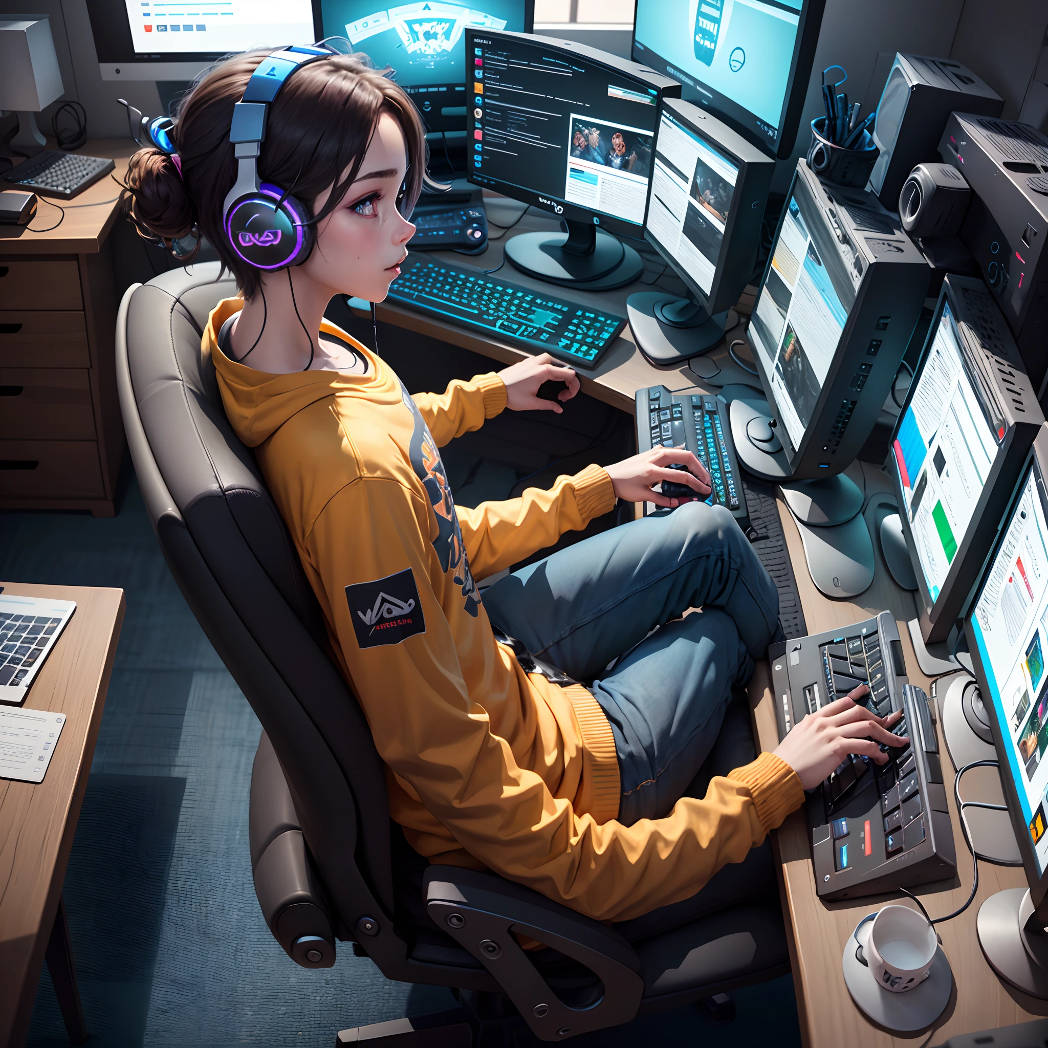 There's a boy sitting in front of a computer with headphones on, playing video games, jogando jogos de computador, sala de jogos, jogos, sala de jogos, Computadores para jogos, video - game, concomputador, gamer aesthetic, usando um fone de ouvido para jogos, jogo de computador, gamer screen on metallic desk, Brincando, Jogos para PC