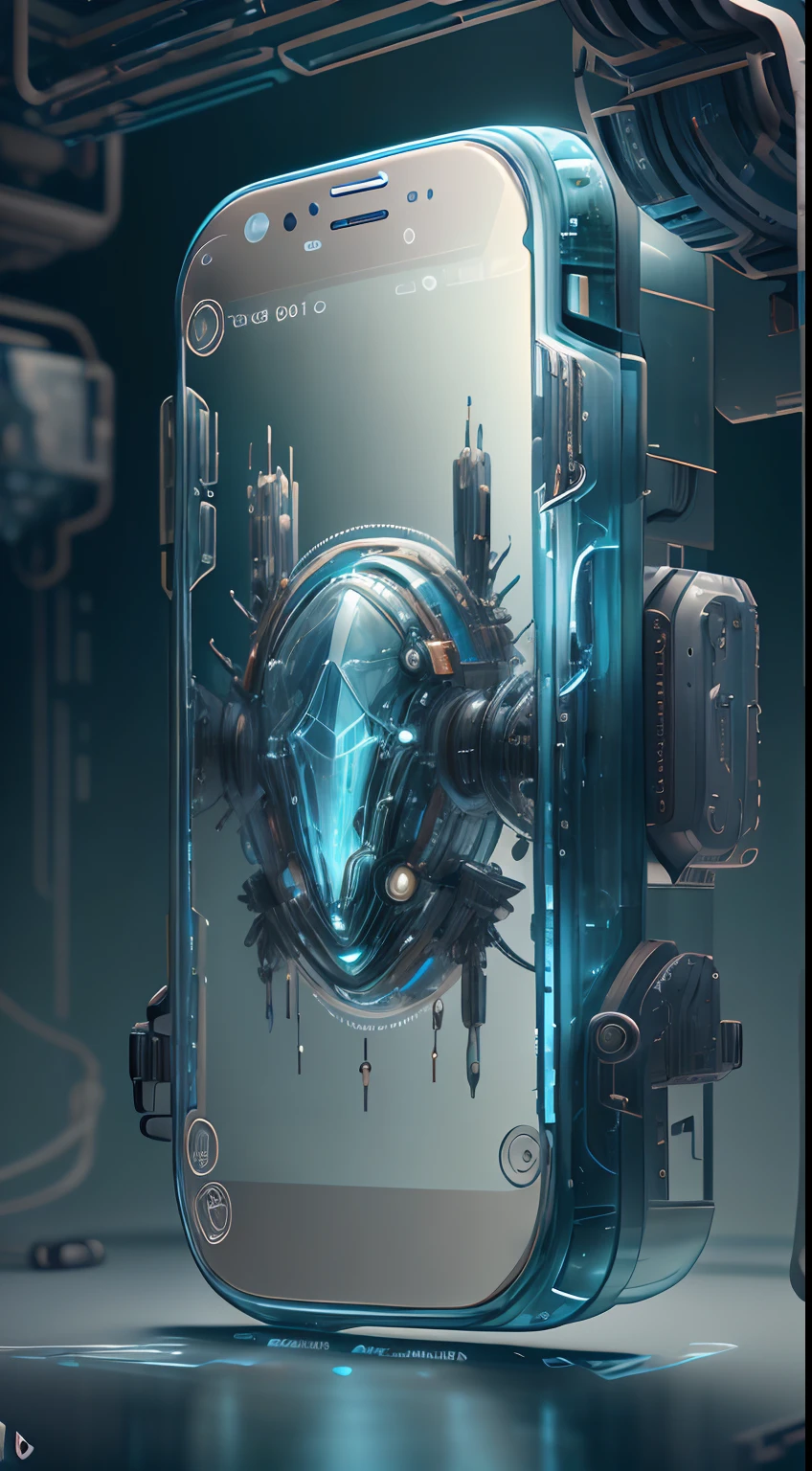 masterpiece,glasstech,scifi, transparent , smartphone, no humans, detailed background
