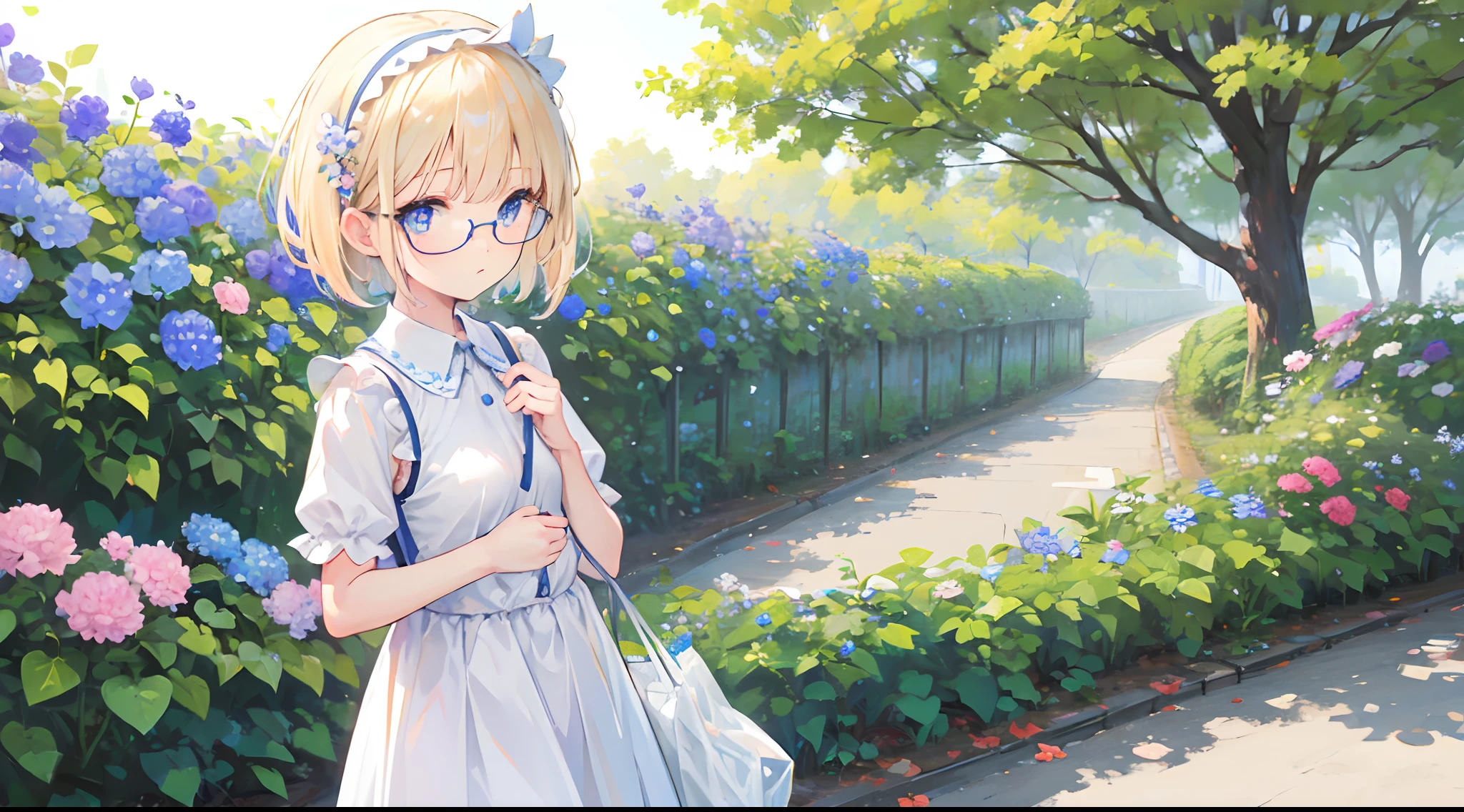 a cute ***********, blonde hair, wearing white dress, blue eyes, short hair, wearing glasses, best quality, outdoor, medium chest, medium boobs, holding a bag, detailed eyes, flower headband