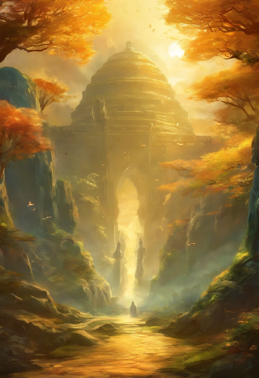 Huge Chinese Buddha statue in the distance,Golden Buddha statue, Texture, Tall, Majestic, inverted image, The background is illuminated by sunlight, Towering trees, Pilgrims walk the road. The composition is beautiful, With masterpieces, Details, and high definition