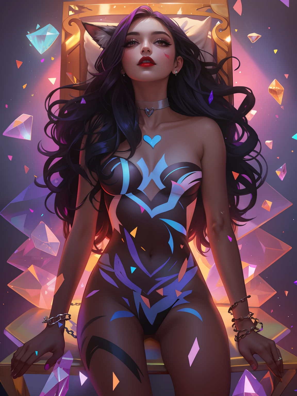 tarot card, Model: long purple wavy hair, full scarlet dark lips, Smoky eyes, BREAK,, Broken glass, crystals, neon lights, BREAK, bodypaint: Polychromatic geometric patterns,Heart, Arms and legs, BREAK, Accessories: Chrome-plated chains with torn body, Silver Choker, black feathered white black wings, Naked, Topless, naked body,BREAK,on chair, looking forward. wolf ears,Cat's ears, Wolfe's masterpiece, Masterpiece quality