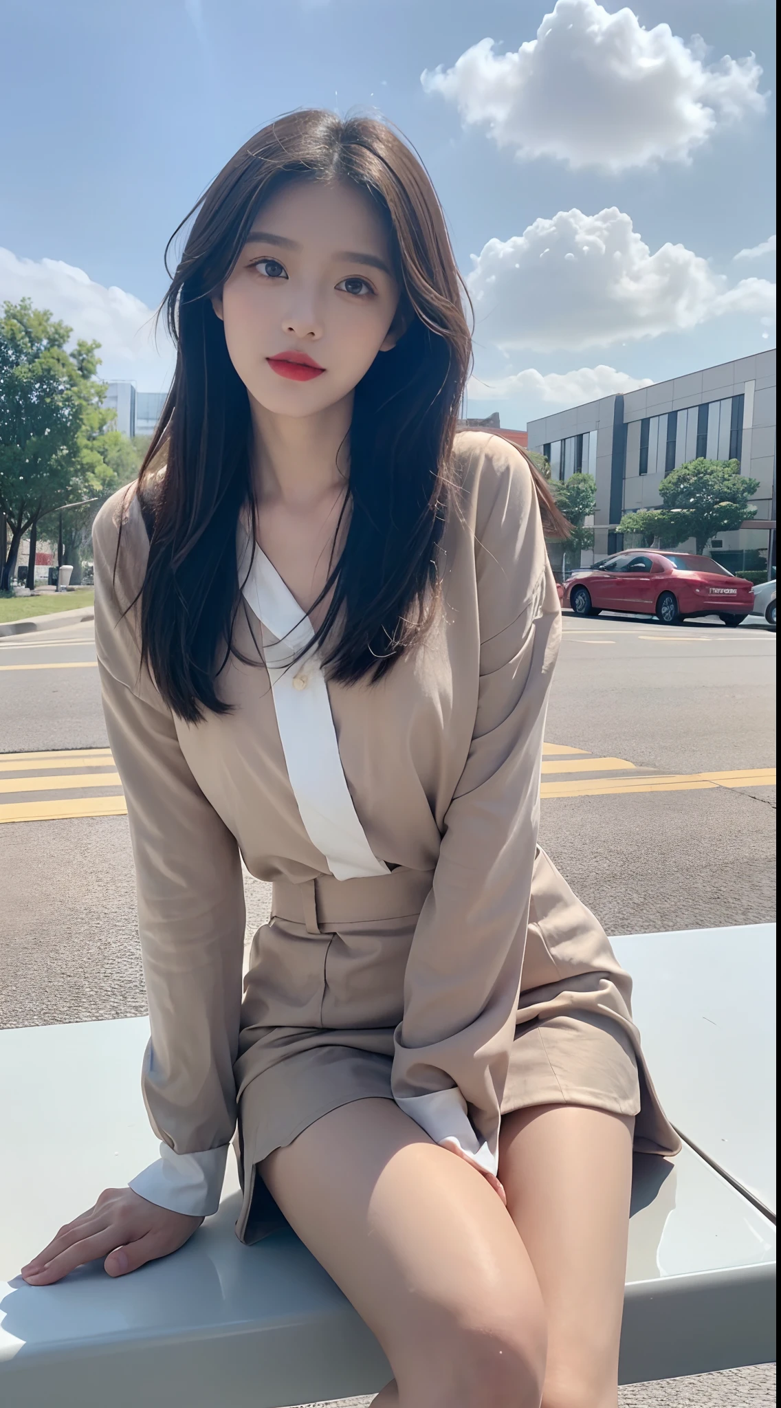 ((best qualtiy, 8K, tmasterpiece:1.3)), A pretty maiden,Pure,Melon seed face,gentle and cute,A sweet smile,Pure desire,Thin stature,(frontage),(Tilt your head),staring right into camera,uniform, Obi, formal,Black silky long, Straight hair,Long hair flowing over the shoulders,round black big eyes,Clear big eyes,Hydrated red lips,Sweet,sitted,with blue sky and white clouds,城市