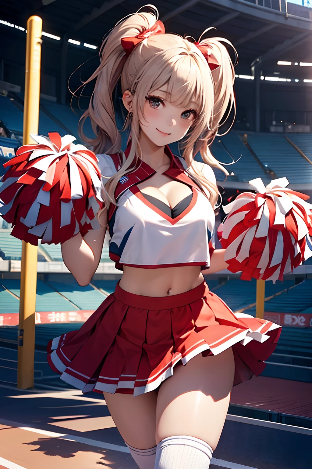 1 female cheerleader,White shirt,Red skirt,White socks,dual horsetail,(plumw:1.3),ssmile,Exercise posture,Cheerleading pompom in hand,(stadio:1.5)、closeup cleavage、RAW photography, top-quality, A high resolution, (tmasterpiece), (Photorealsitic:1.4),foco nítido, NFFSW, 8K分辨率, intricately details, depth of fields, the Extremely Detailed CG Unity 8K Wallpapers, Frontlighting,