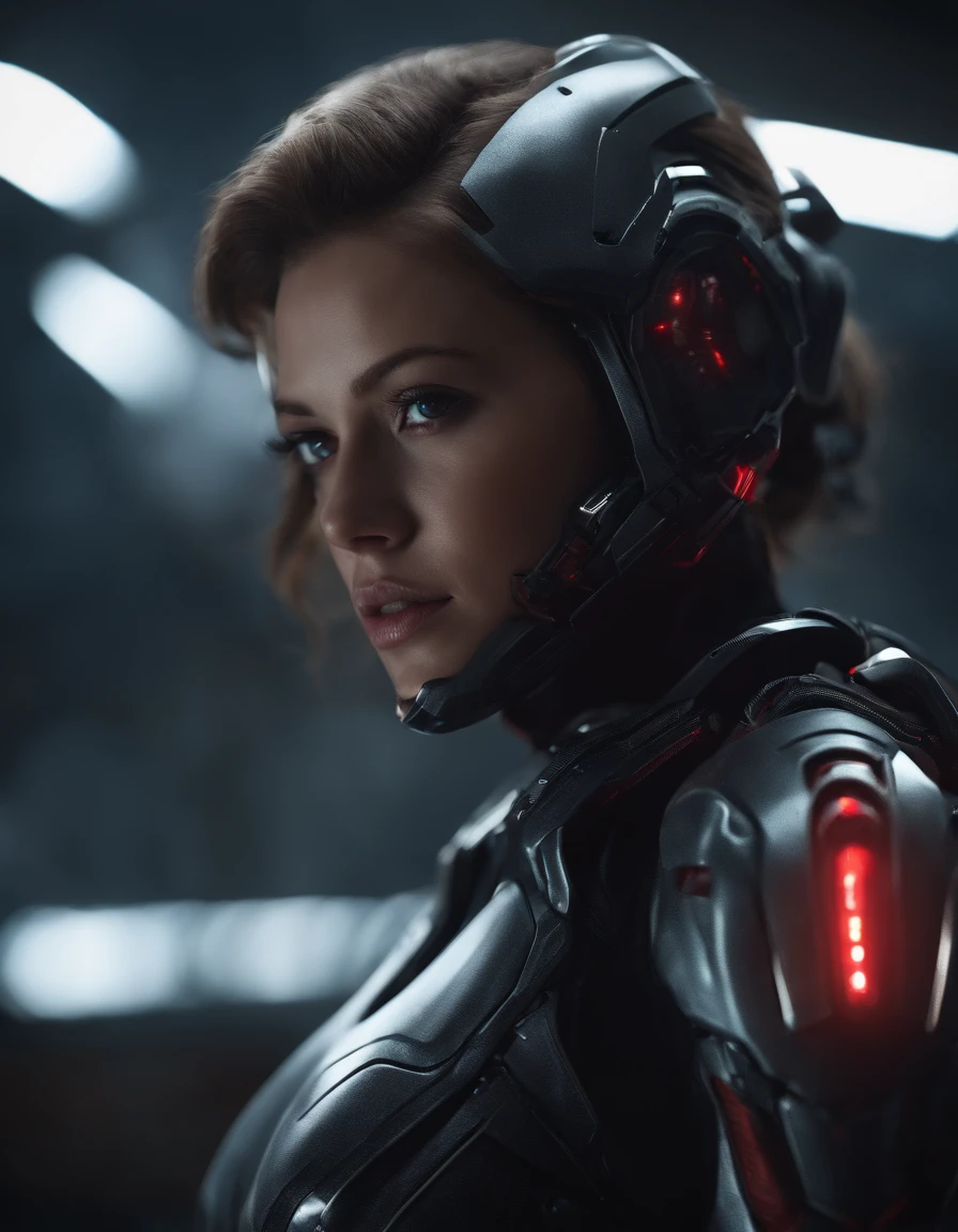 Woman, 18 years old,((best quality)), ((masterpiece)), (detailed), Midjourney Style, close-up, robot, red eyes, concept art, inspired by Marek Okon, digital art, Crysis Nanosuit, futuristic, (glowing elements:1.1), 4:3 aspect ratio, dynamic duo,upper body