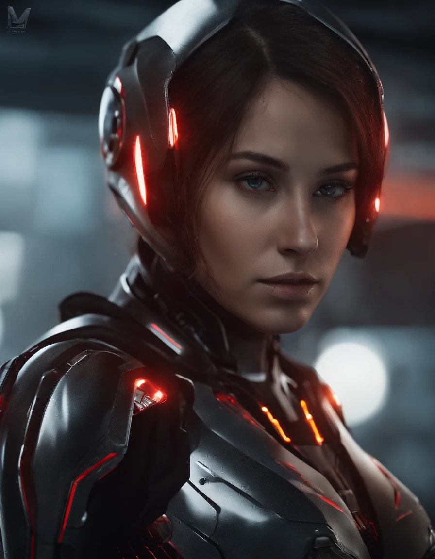 Woman, 18 years old,((best quality)), ((masterpiece)), (detailed), Midjourney Style, close-up, perfect face, exquisite facial texture, and resolute eyes,robot, red eyes, concept art, inspired by Marek Okon, digital art, Crysis Nanosuit, futuristic, (glowing elements:1.1), 4:3 aspect ratio, dynamic duo，upper body
