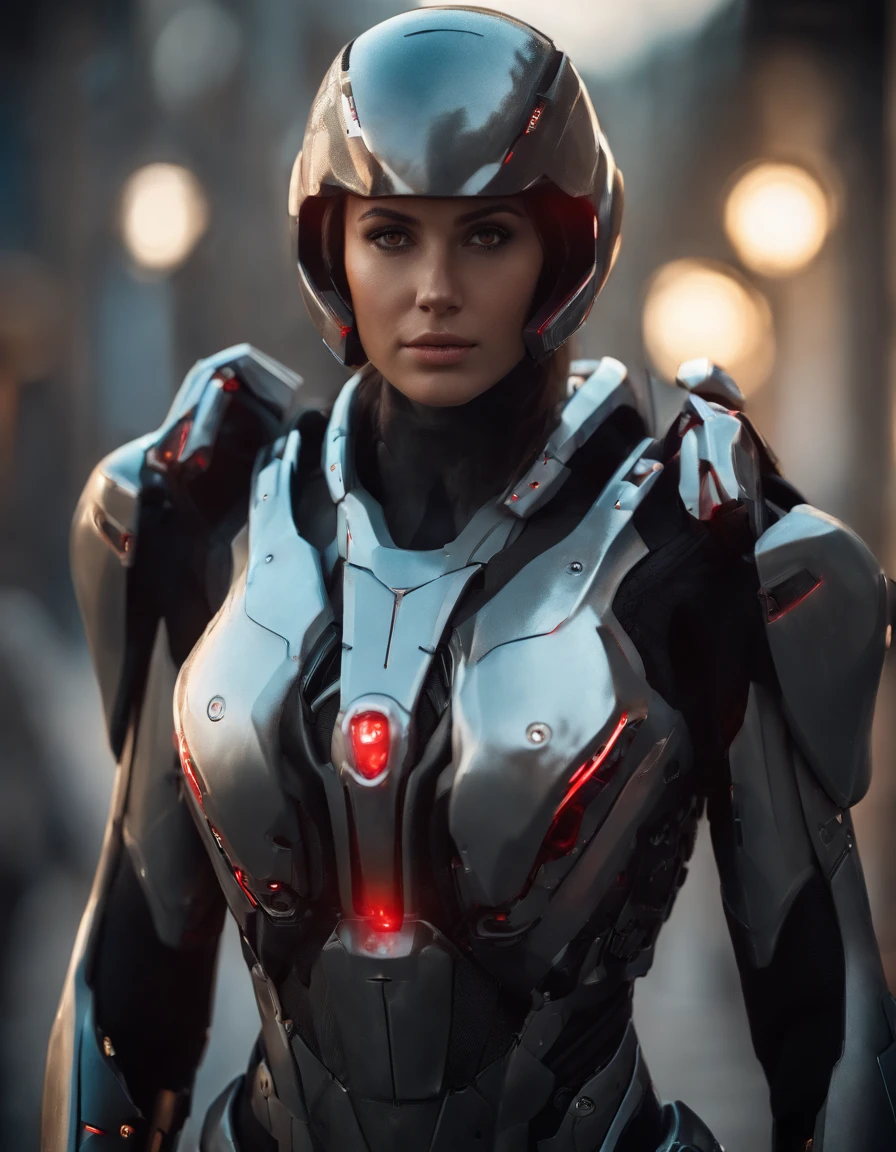 Woman, 18 years old,((best quality)), ((masterpiece)), (detailed), Midjourney Style, close-up, perfect face, exquisite facial texture, and resolute eyes,robot, red eyes, concept art, inspired by Marek Okon, digital art, Crysis Nanosuit, futuristic, (glowing elements:1.1), 4:3 aspect ratio, dynamic duo,upper body
