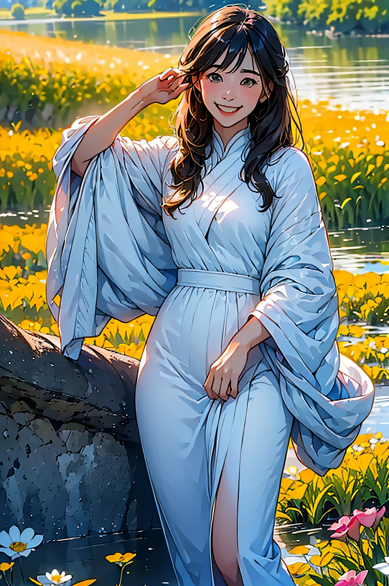 (in 8K、top-quality、masterpiece:1.2)、1人の女性、(Smiling smile:1.1)、beautidful eyes、Valley、The upper part of the body、length hair、Like a boy、Longhaire、Blue View、