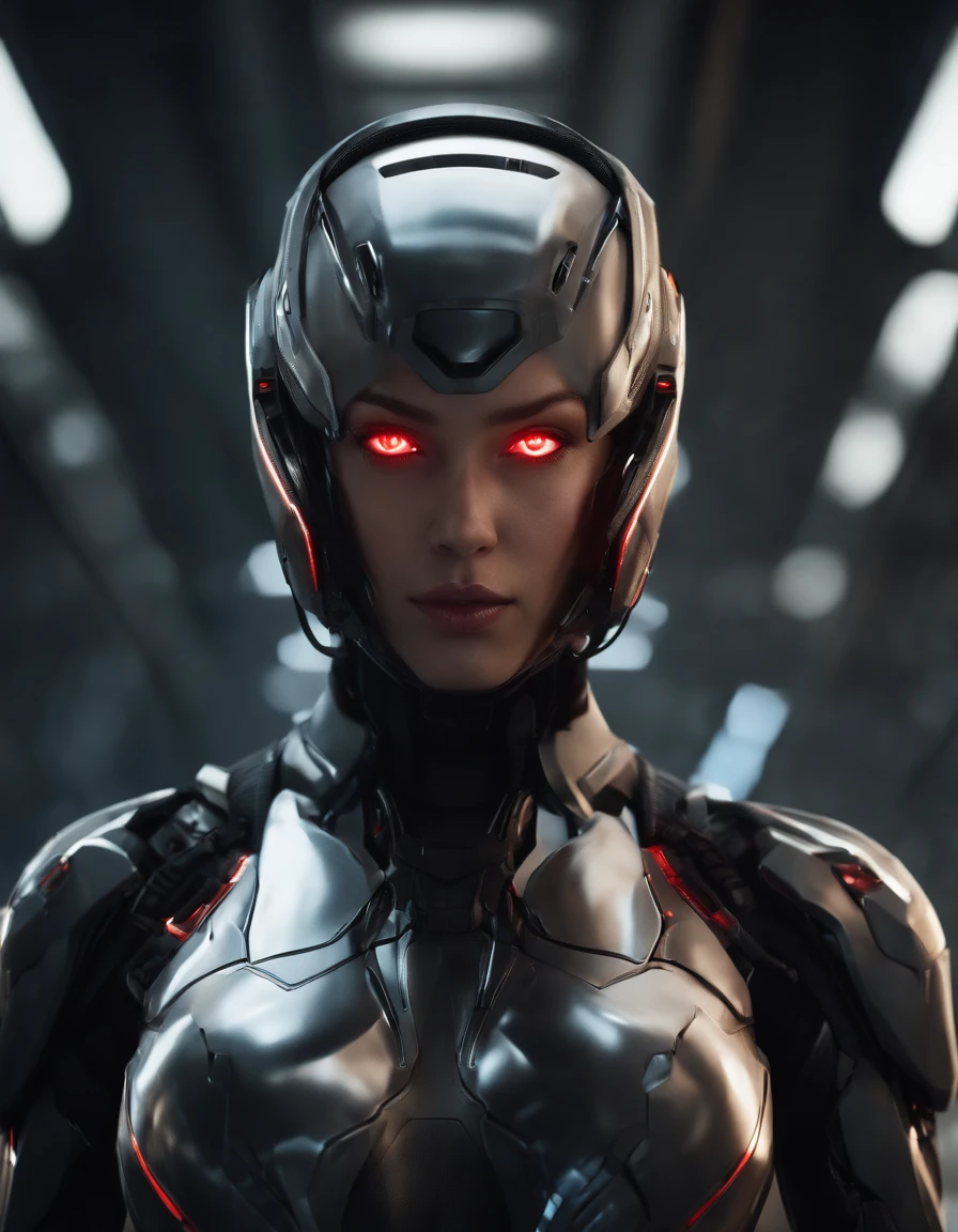 Woman, 18 years old,((best quality)), ((masterpiece)), (detailed), Midjourney Style, close-up, perfect face, exquisite facial texture, and resolute eyes,robot, red eyes, concept art, inspired by Marek Okon, digital art, Crysis Nanosuit, futuristic, (glowing elements:1.1), 4:3 aspect ratio, dynamic duo,upper body