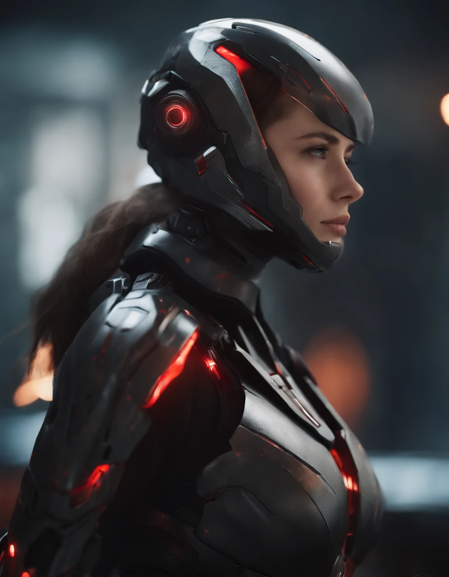 Woman, 18 years old,((best quality)), ((masterpiece)), (detailed), Midjourney Style, close-up, perfect face, exquisite facial texture, and resolute eyes,robot, red eyes, concept art, inspired by Marek Okon, digital art, Crysis Nanosuit, futuristic, (glowing elements:1.1), 4:3 aspect ratio, dynamic duo，upper body