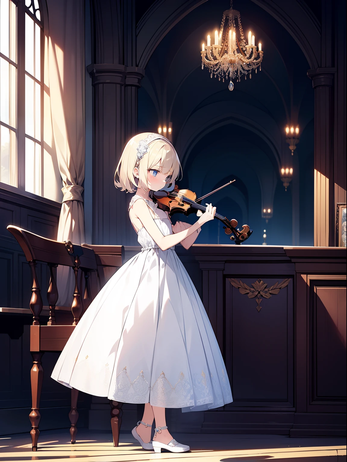 Modest, Shy, Infinitely cute and beautiful, fragile figure, Skinny tiny girl ; blonde with short hair, with a completely flat chest; sad and indifferent; Big dull blue eyes, long eyelashes, very pale skin; rich white dress, ornaments, Silver shoes; He plays the violin; A dreary look; An ornate hall; Anatomical realism, high quality textures , higly detailed