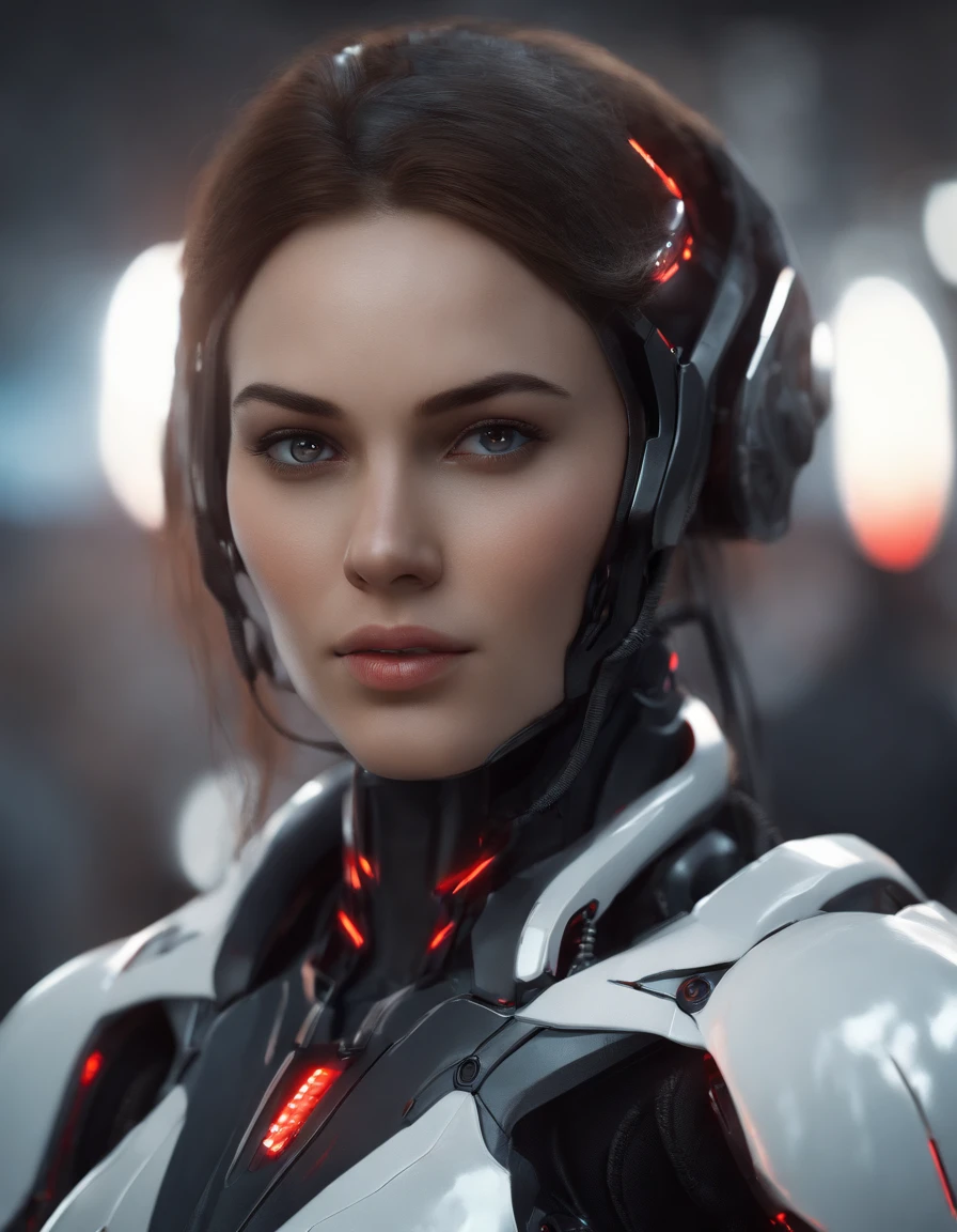 Woman, 18 years old,((best quality)), ((masterpiece)), (detailed), Midjourney Style, close-up, perfect face,red eyes, exquisite facial texture, and resolute eyes,robot, concept art, inspired by Marek Okon, digital art, Crysis Nanosuit, futuristic, (glowing elements:1.1), 4:3 aspect ratio, dynamic duo,upper body