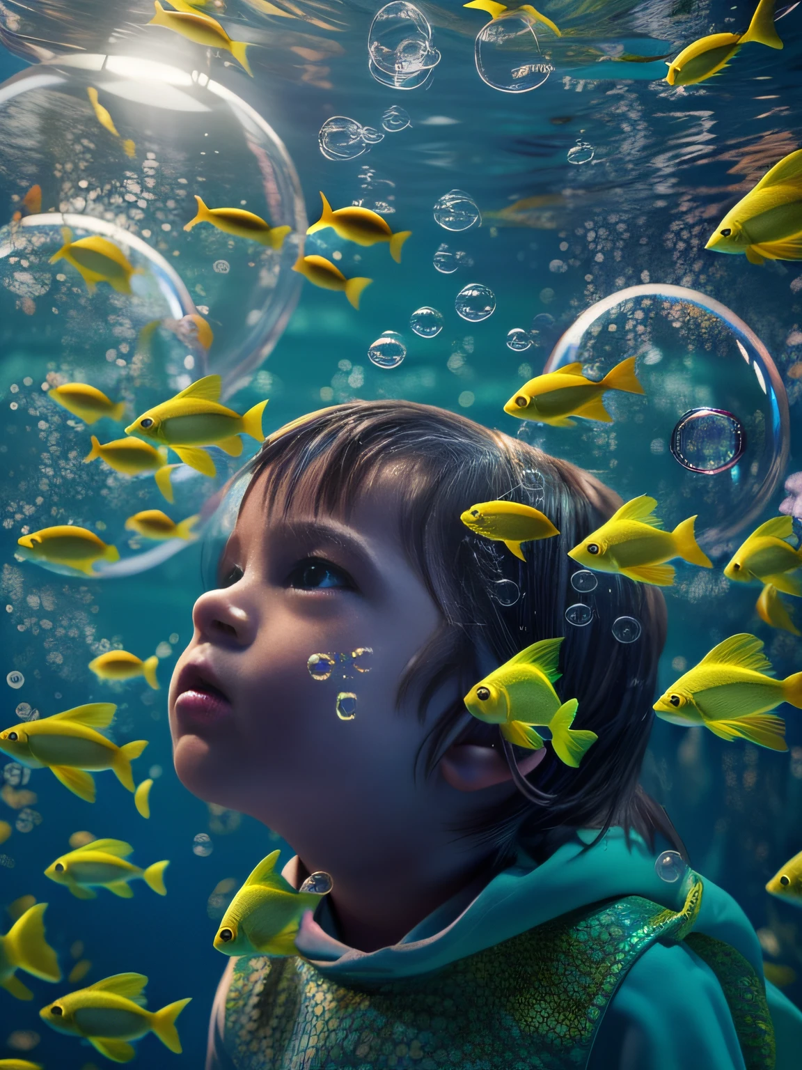 n Underwater scene with fish swimming, In the Style of René Magritte, A child is watching in wonder from bubbles, colorful bubble, Close-up shots of children in this surreal scene, Alec Soth rendered in Unreal Engine 5, luminism, Cinematic lighting, retinas, Textured skin, Anatomically correct, Best Quality, awardwinning