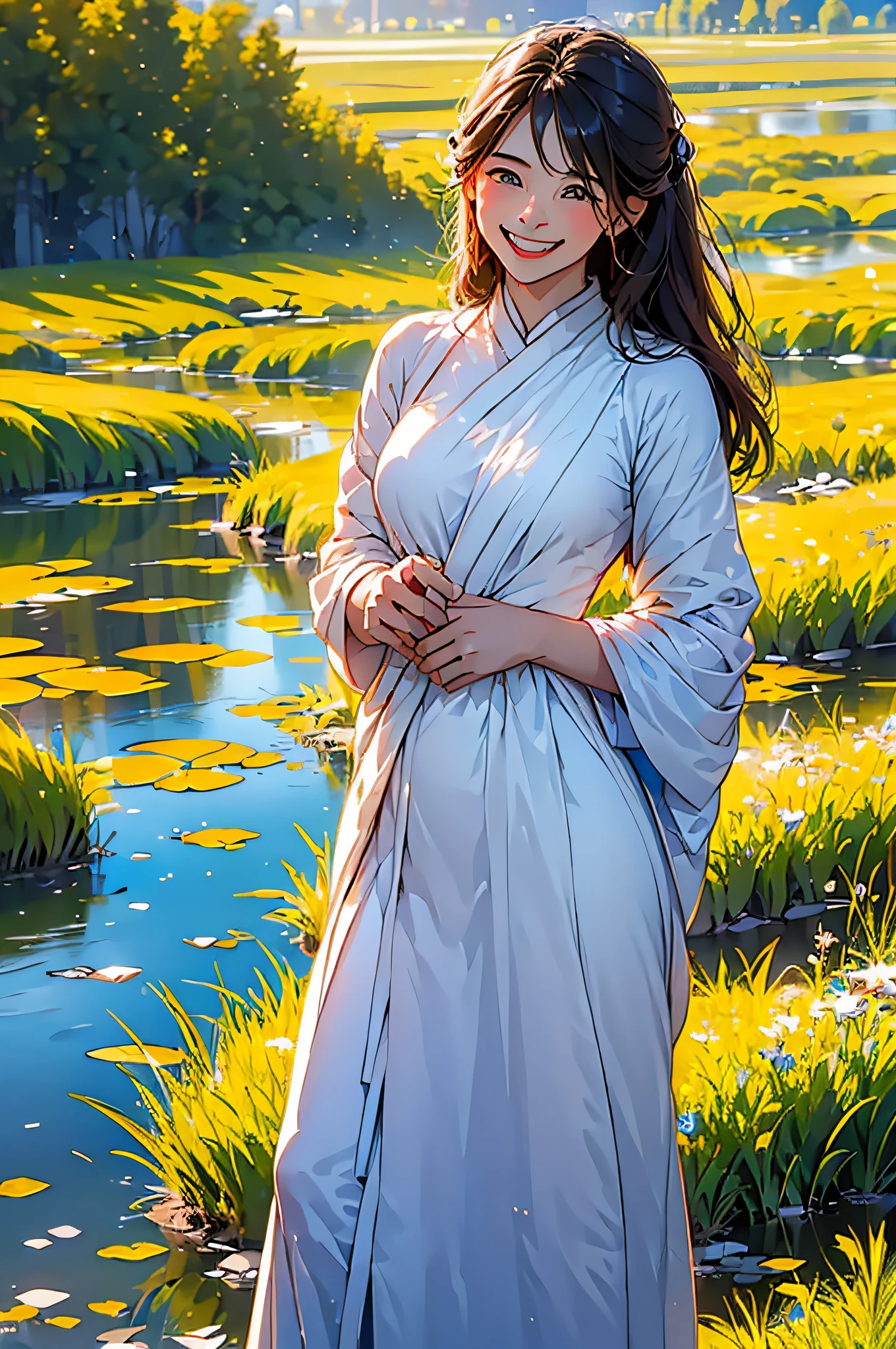 (in 8K、top-quality、​masterpiece:1.2)、1人の女性、(Smiling smile:1.1)、beautidful eyes、Valley、The upper part of the body、length hair、Like a boy、Longhaire、Blue View、