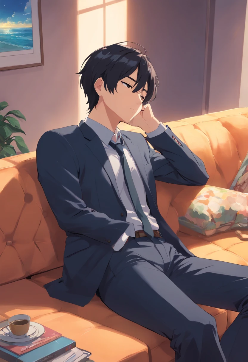 Male youth,with short black hair,Black suit,Sleep on the living room couch with your eyes closed