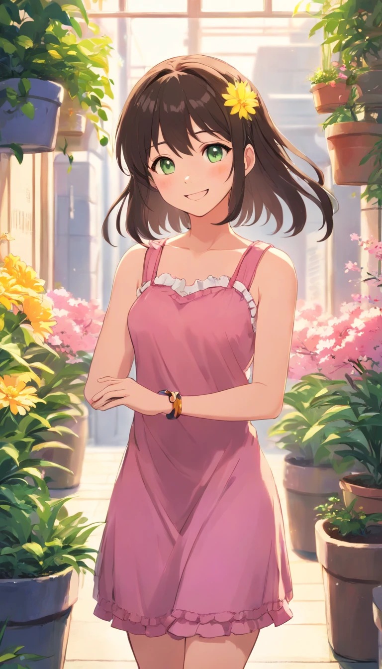 1girl in, :D, sanimal ear fluff, Animal ears, bangs, black hair band, Blonde hair, Blurry, The background is blurred out, depth of fields, dress, flower, flower pots, frill dress, frilld, Green dress, Green eyes, shairband, Holding, Long hair, Open mouth, Pink flowers, plant, potted plant, Sketch, Sleeveless, Sleeveless dress, Smile, Solo, Tail, Wrist cuffs, yellowflower, 1980s (Style)