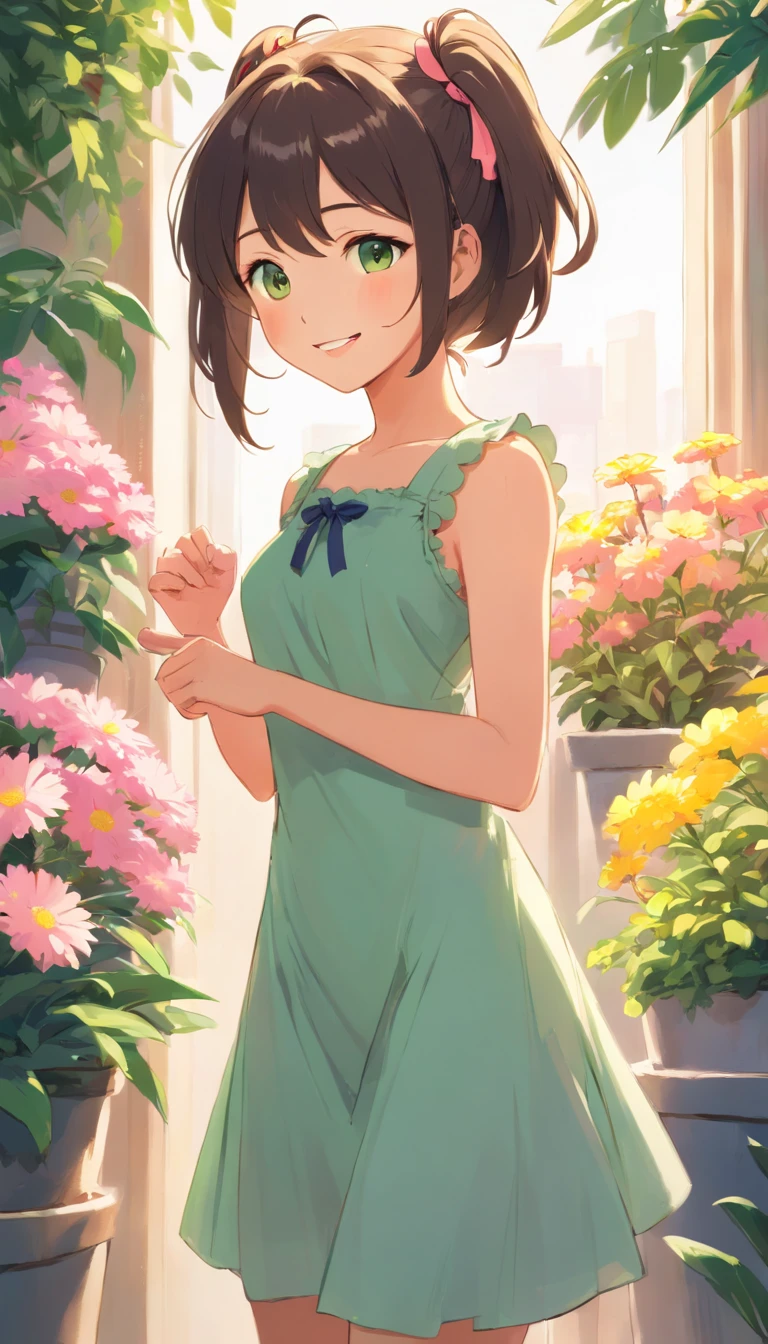 1girl in, :D, sanimal ear fluff, Animal ears, bangs, black hair band, Blonde hair, Blurry, The background is blurred out, depth of fields, dress, flower, flower pots, frill dress, frilld, Green dress, Green eyes, shairband, Holding, Long hair, Open mouth, Pink flowers, plant, potted plant, Sketch, Sleeveless, Sleeveless dress, Smile, Solo, Tail, Wrist cuffs, yellowflower, 1980s (Style)