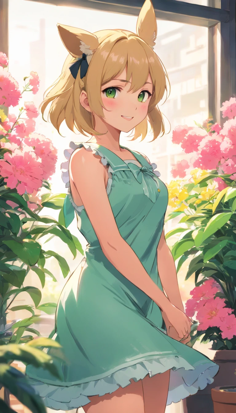 1girl in, :D, sanimal ear fluff, Animal ears, bangs, black hair band, Blonde hair, Blurry, The background is blurred out, depth of fields, dress, flower, flower pots, frill dress, frilld, Green dress, Green eyes, shairband, Holding, Long hair, Open mouth, Pink flowers, plant, potted plant, Sketch, Sleeveless, Sleeveless dress, Smile, Solo, Tail, Wrist cuffs, yellowflower, 1980s (Style)
