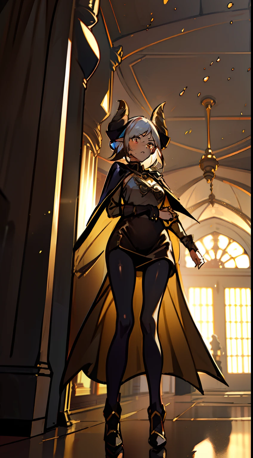 1girl 20 years,solo,(((brown skin))),angry face,black and golden short dress,medium tits,white hair,short hair,yellow eyes,elves ears,black horns,black pantyhose,Detailed,(long cape),(((standing in front of a room inside a castle))),hd,masterpiece,8k