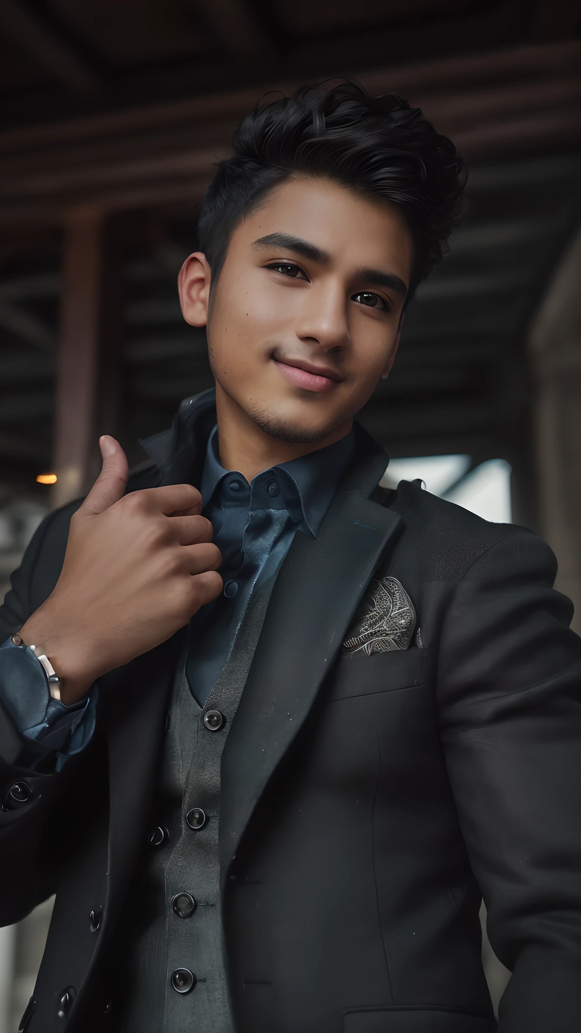 (RAW, analogue, Nikon Z 14mm ultra-wide angle lens, award-winning glamour photograph, ((best quality)), ((masterpiece)), ((realistic)), skin pores, subsurface scattering, radiant light rays, high-res, detailed facial features, high detail, sharp focus, smooth, aesthetic, extremely detailed, (extremely detailed eyes, extremely detailed iris), extremely detailed hair, extremely detailed skin, extremely detailed clothes, octane render, photorealistic, realistic, post-processing, max detail, realistic shadows, roughness, natural skin texture, real life, ultra-realistic, photorealism, photography, 8k UHD, photography, hdr, intricate, elegant, highly detailed, sharp focus, stunning, beautiful, gorgeous), (masterpiece:1.2, best quality1:1, ultra-detailed:1.2, best shadow, 8k:1.1), (massive city:1.3, rooftop:1.1, city structures below, handrails), (contrasting background, bright background), (beautiful detailed face), high contrast, (perfect illumination:1.2, beautiful color, delicate color), ((cinematic light)), colorful, hyper detail, dramatic light, intricate details, (1 boy, solo, black hair, smiling face, short hair, wavy hair:1.1, brown expressive eyes, dynamic angle, blue suit, black shirt, , jeans, cowboy shot), depth of field, change background, blur background.