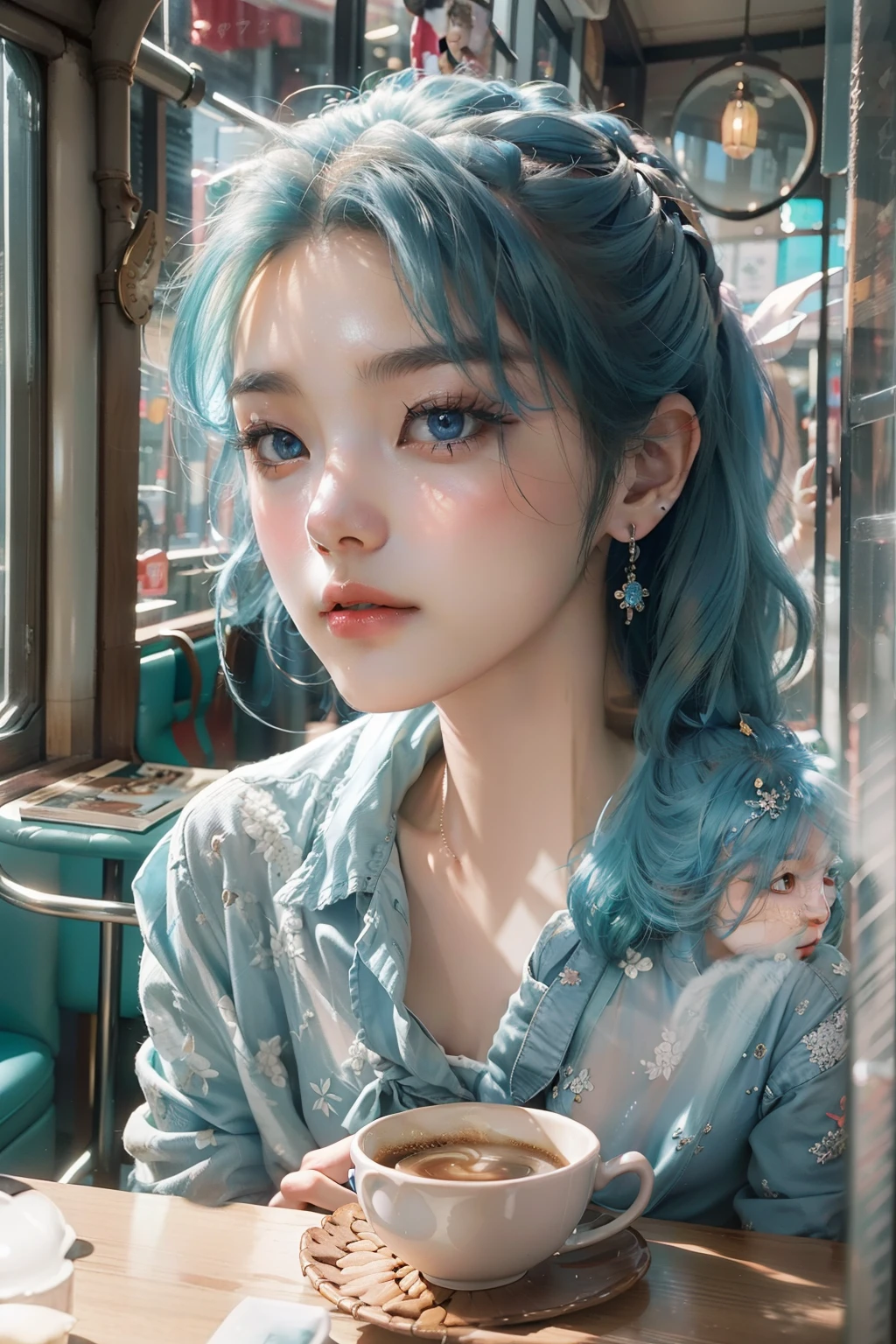 Leegahyeon Korean woman sitting at a café table，Holding a photo of sunlight shining through a coffee window, Blue hair, Dynamic pose, Skin texture, Pale skin, Shiny skin, (Slim, Petite:1.2), [:(sharp focus on face, Detailed face, Perfect eyes, view the viewer:1.2):0.2], Photorealistic, filmgrain, Best quality, Masterpiece