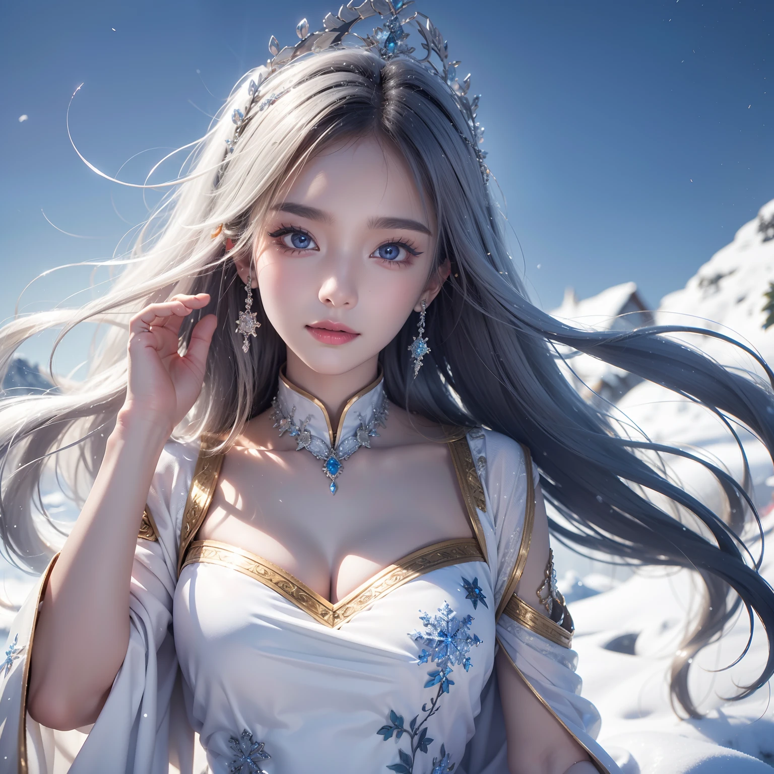 Best texture, High quality, Ultra HD, 8K, Full body photo, panoramic photo, Snow, Flying snowflakes, Dancing in the snow, girl, Full of silver jewelry, Hmong clothing, Silver Phoenix Crown, Melon Seed Face, Ultra-detailed face, Blue eyes, long eyebrows, Fair skin, sliver long hair, long, flowing hair, Rising with the wind, Colorful gifts of snowflakes, Realistic, Very detailed, high detailing, ultraclear,