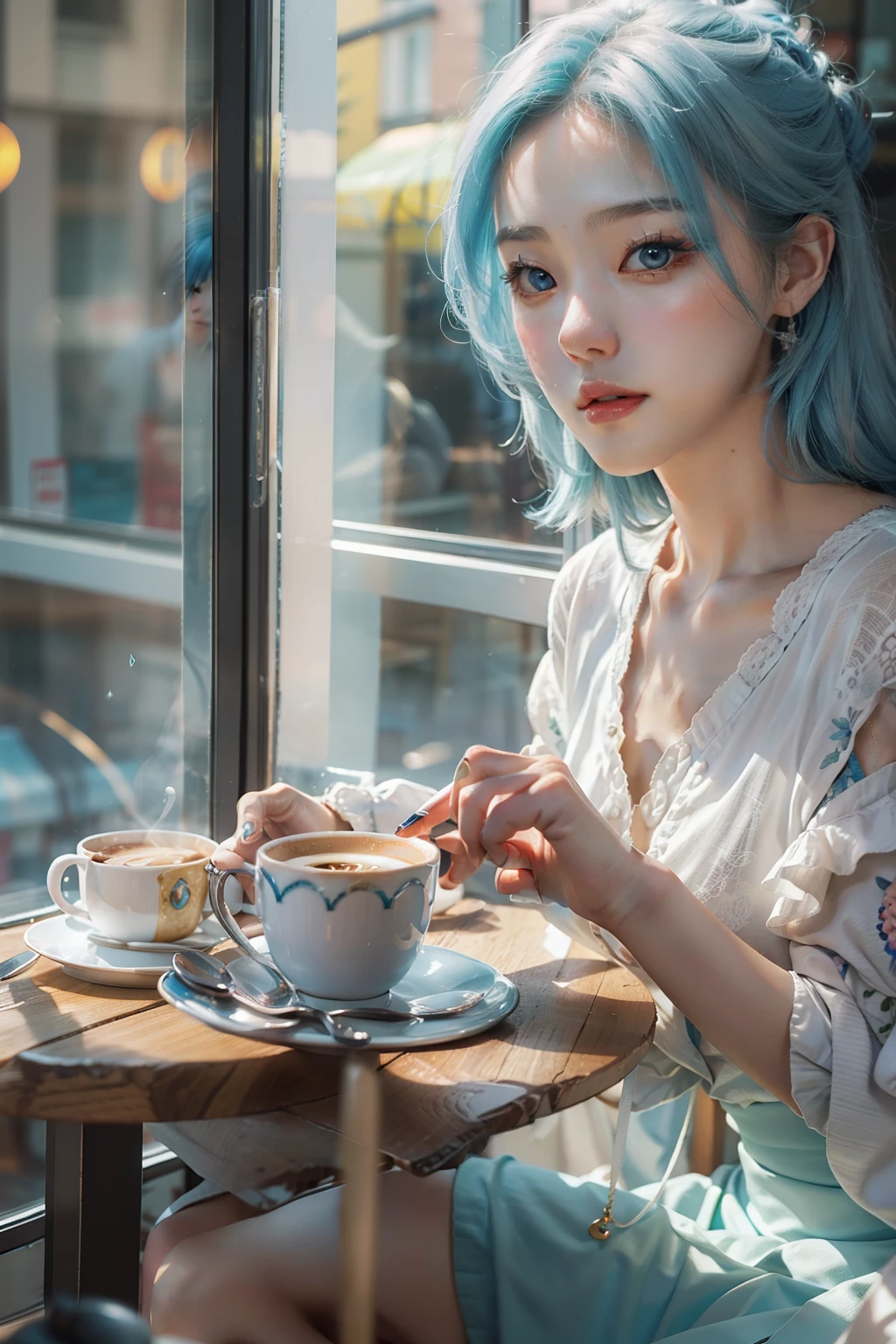 Leegahyeon Korean woman sitting at table in café holding a photo of sunlight from coffee window, Blue hair, Dynamic pose, Skin texture, Pale skin, Shiny skin, (Slim, Petite:1.2), [:(sharp focus on face, Detailed face, Perfect eyes, view the viewer:1.2):0.2], Photorealistic, filmgrain, Best quality, Masterpiece