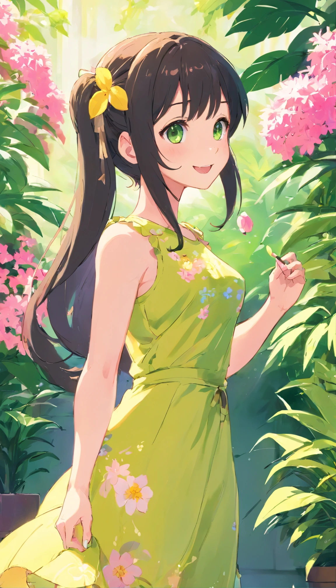 1girl in, :D, sanimal ear fluff, Animal ears, bangs, black hair band, Blonde hair, Blurry, The background is blurred out, depth of fields, dress, flower, flower pots, frill dress, frilld, Green dress, Green eyes, shairband, Holding, Long hair, Open mouth, Pink flowers, plant, potted plant, Sketch, Sleeveless, Sleeveless dress, Smile, Solo, Tail, Wrist cuffs, yellowflower, 1980s (Style)
