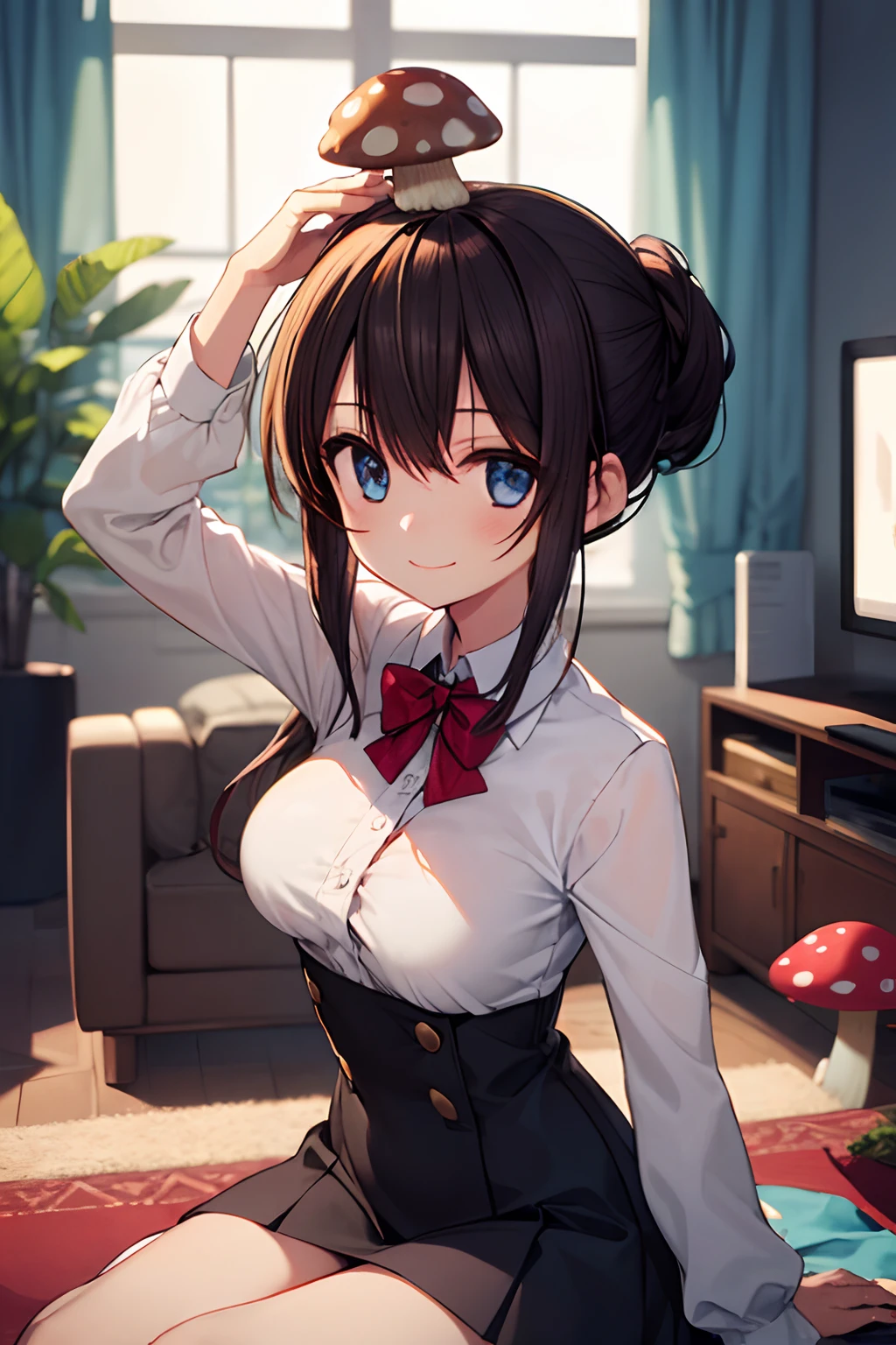 best quality, detailed face, 1girl, middle breast, smile, good anatomy, looking at viewer, soft focus, cinematic lighting, (mushroom on head 1.3), depth of field, living room