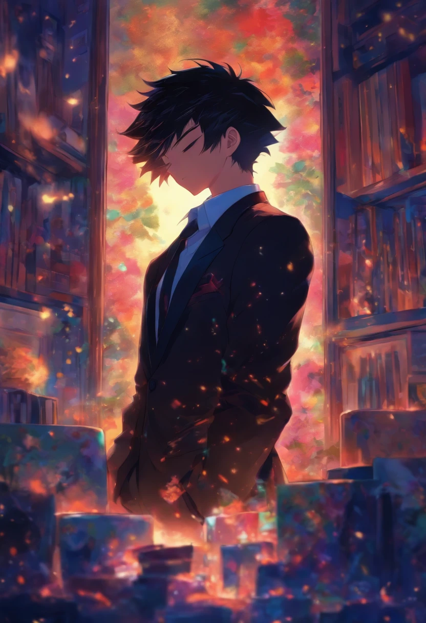 Male youth,with short black hair,Black suit,Sleep on the living room couch with your eyes closed