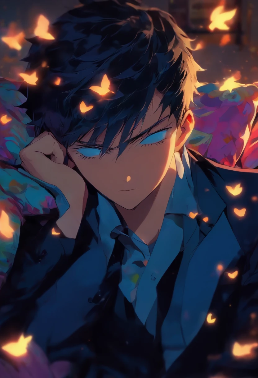 Male youth，with short black hair，Black suit，Sleep on the living room couch with your eyes closed