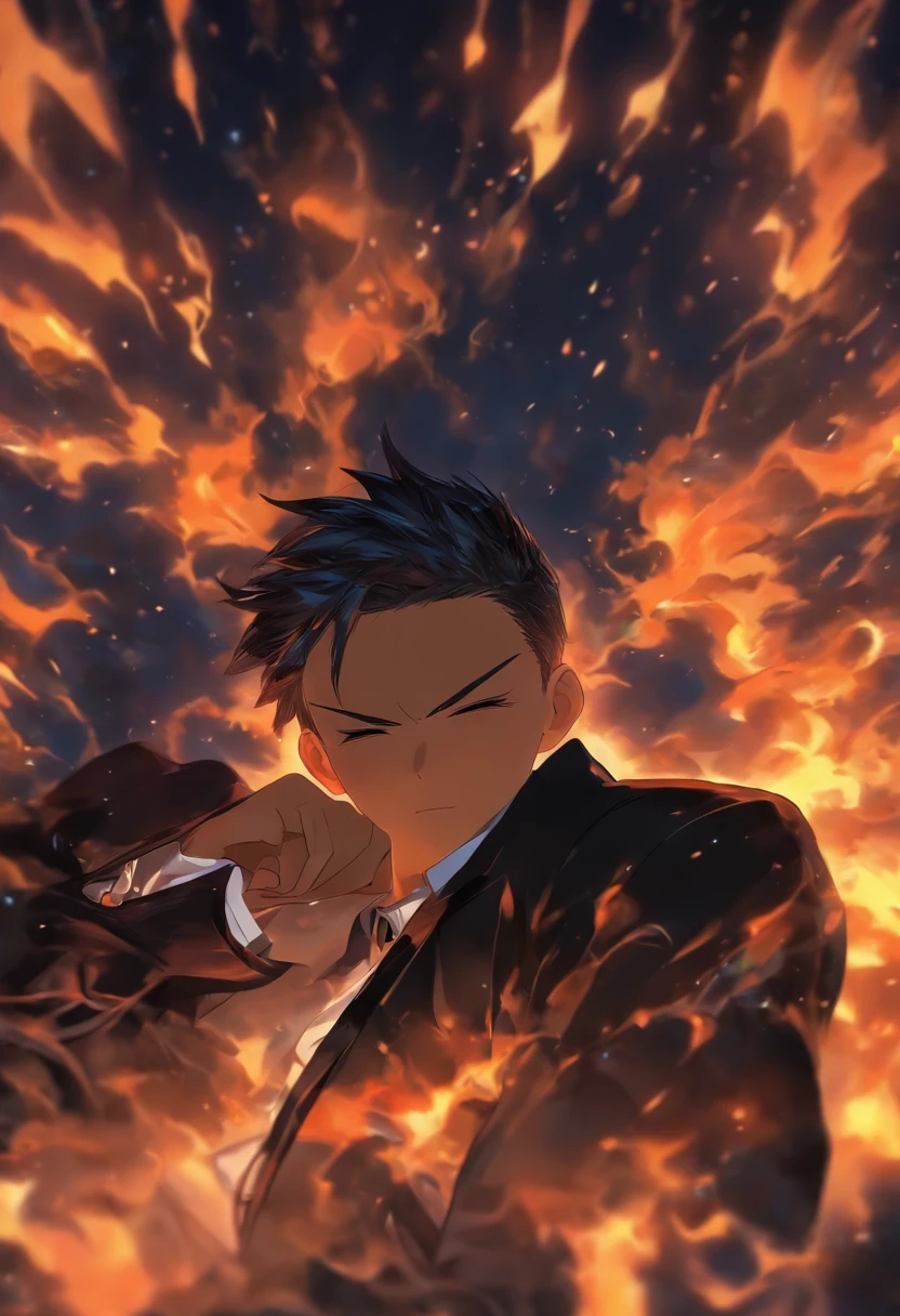 Male youth,with short black hair,Black suit,Sleep on the living room couch with your eyes closed