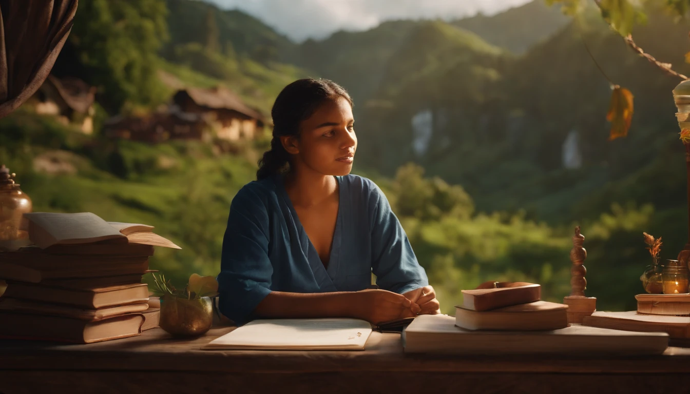 A collage-style thumbnail featuring key moments from Maya's journey, such as her studying, tutoring, and practicing medicine in her village.ultra realistic 8k,Landscape
