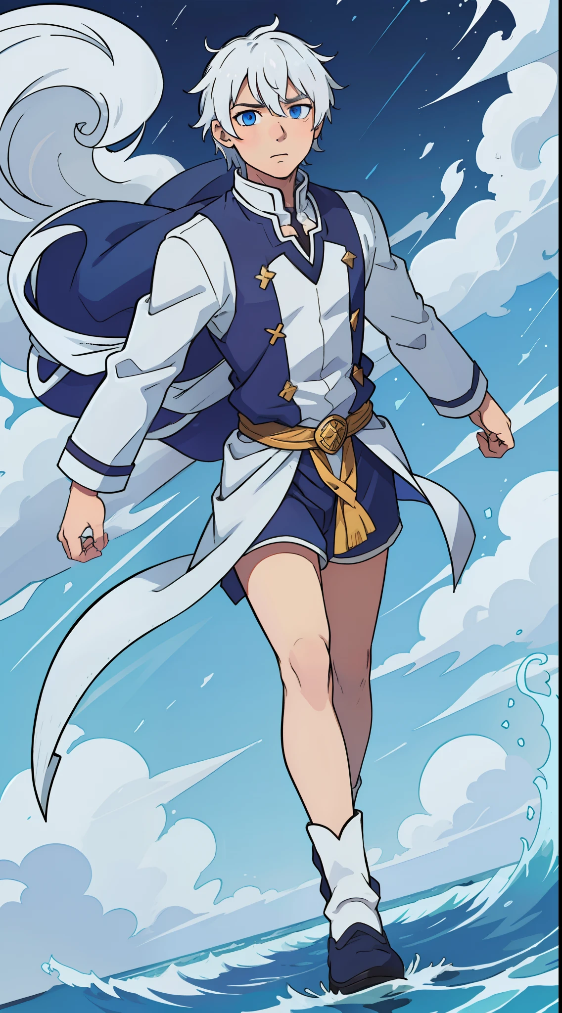 man, god of wind, whole body, white hair, blue eyes