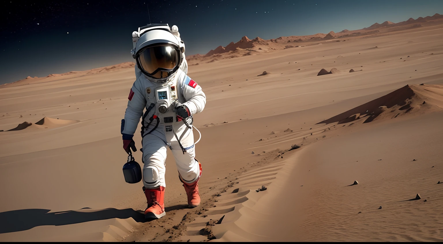 8-year-old Chinese boy,wearing spacesuit,Walk on beautiful Mars