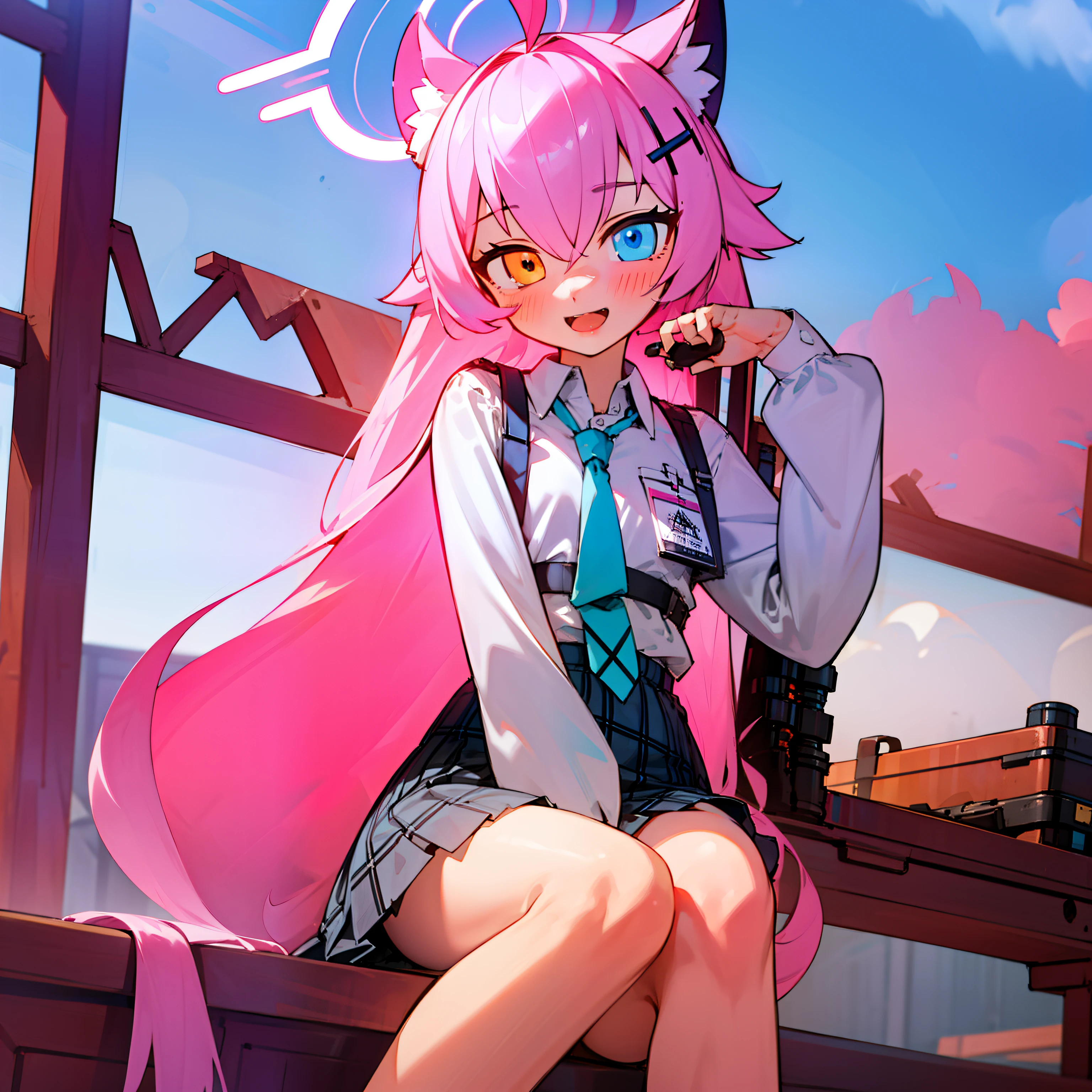 1girl, hoshino (blue archive), solo, heterochromia, pink hair, skirt, long hair, necktie, ahoge, shirt, halo, plaid skirt, blue eyes, plaid, looking at viewer, white shirt, sitting, orange eyes, chest harness, harness, long sleeves, id card, open mouth, very long hair, collared shirt, smile, blue necktie, bangs, feet out of frame, between legs, hand between legs, blush, hair between eyes, highres,masterpiece, best quality