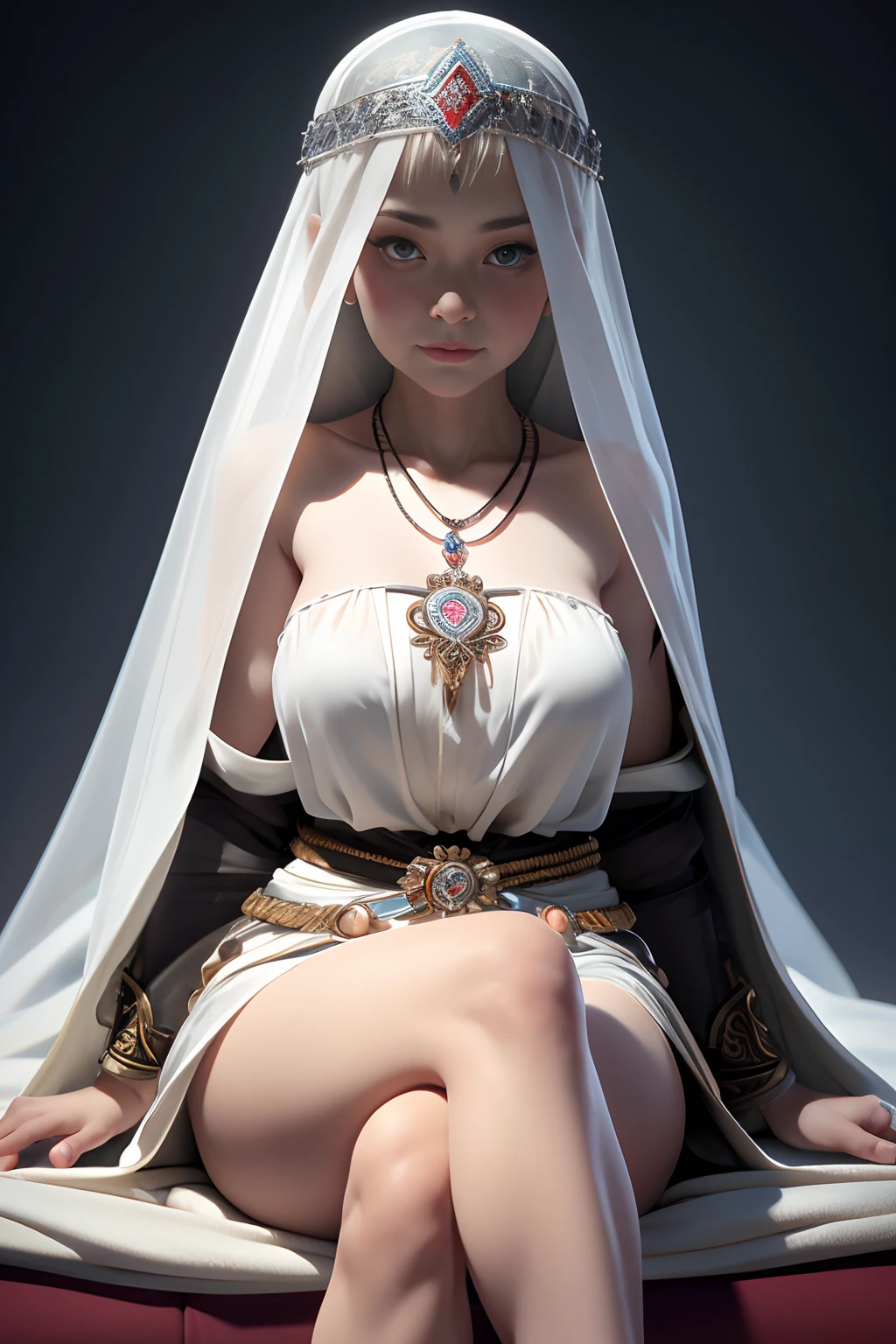Close-up of 85-year-old very old Slavic woman, Sitting completely naked on the couch,  Legs and arms are widely spaced. All the charms are visible, thick pubic hair. dressless, Only transparent veil and necklace, stunning art style, White Skin Skin. blurred background. Light haze.