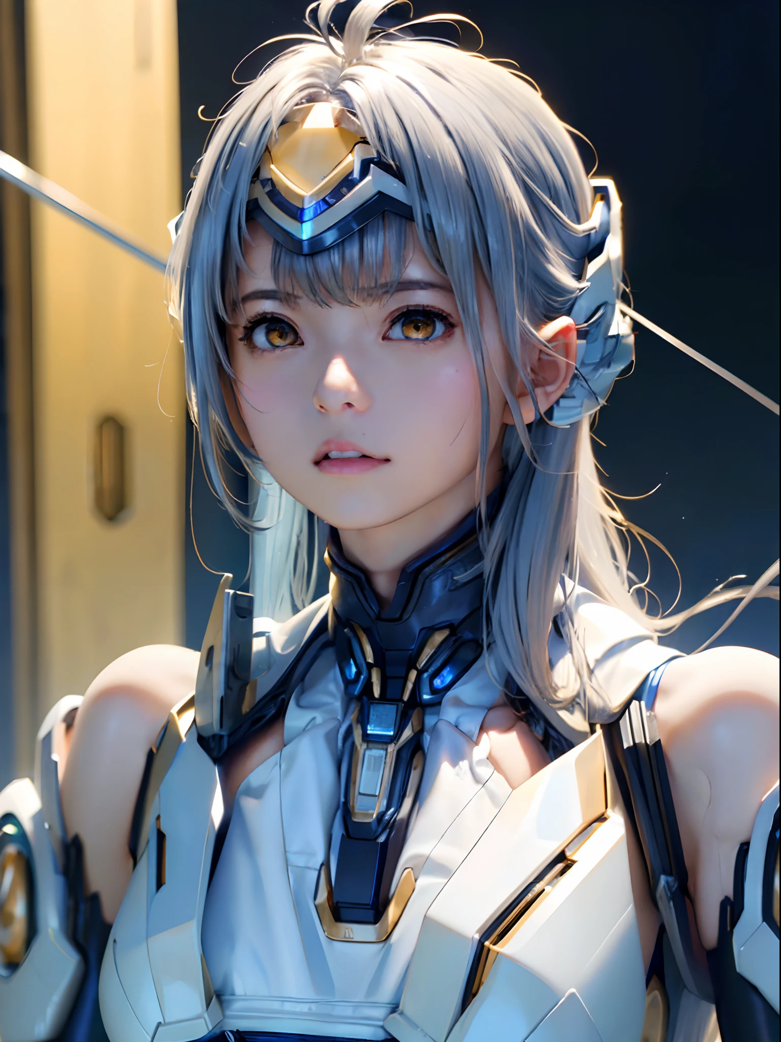 top-quality、​masterpiece、超A high resolution、(Photorealsitic:1.4)、1人、Light blue hair、Straight hair, shiny and clean hair、White shiny skin、Sexy Cyberpunk Girl、((super realistic details))、Shadow、octan render、ultrasharp、hyperdetailed face、Fiberglass、Luminous tube、highly intricate detail、Realistic light、CGSoation Trends、((Golden Eyes))、(Facing the camera)、neon details、Mechanical limbs、Mechanical vertebrae attached to the back、mechanical cervical attaching to neck、Wires and cables connecting to the head、((valkyrie))、((Beam Cannon))、Combat stance