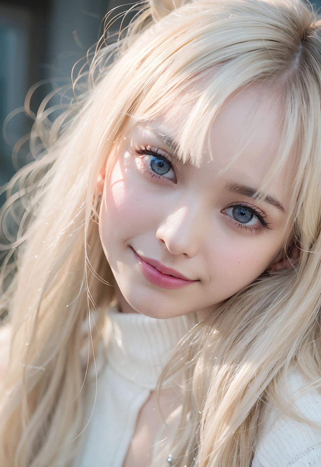 Raw photography、(((Portrait of extreme beauty)))、((Glowing white beautiful skin))、女の子1人、14 year old cute beautiful girl in Prague、((shiny bright platinum blonde hair))、Hair hanging in front of the face、[attractive whitish light blue eyes,]、Silky long hair、eye liner、Beautiful bangs、Hair between the eyes、Fluttering hair、A smile、((​masterpiece、top-quality、ultra-detailliert、Film Light、intricate-detail、hight resolution、8K、ighly detailed))、细致背景、8K UHD、Digital SLR、Soft light、hightquality、Film grain、FUJI XT3 、Shallow depth of field、natural soft light、（perfect hand）、Perfect beautiful face、