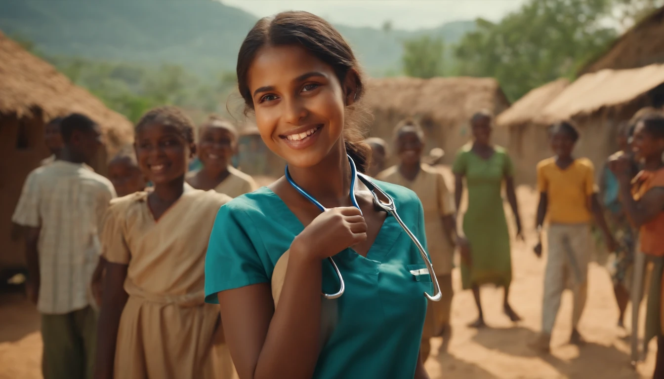 Girl holding a stethoscope in her village with smiling community members around her, symbolizing her impact on healthcare.realistic 8k