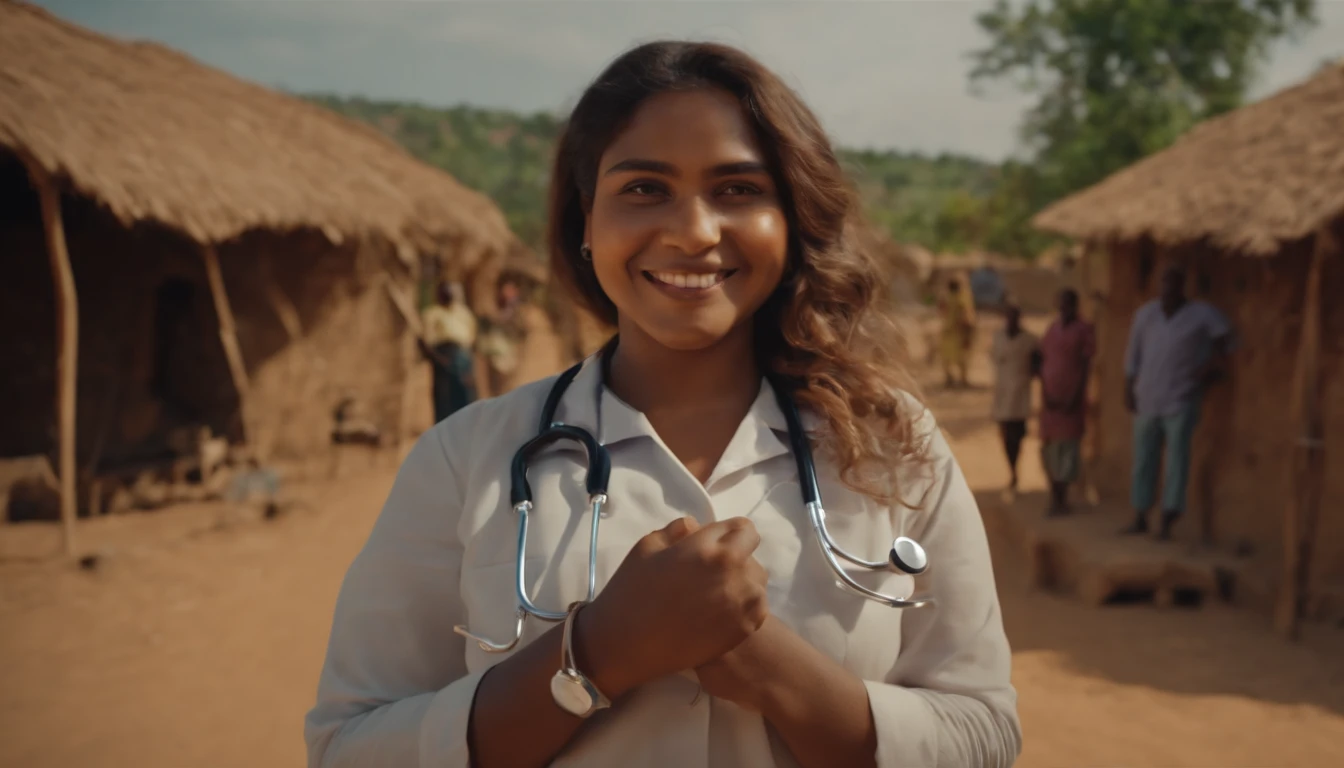 Girl holding a stethoscope in her village with smiling community members around her, symbolizing her impact on healthcare.realistic 8k